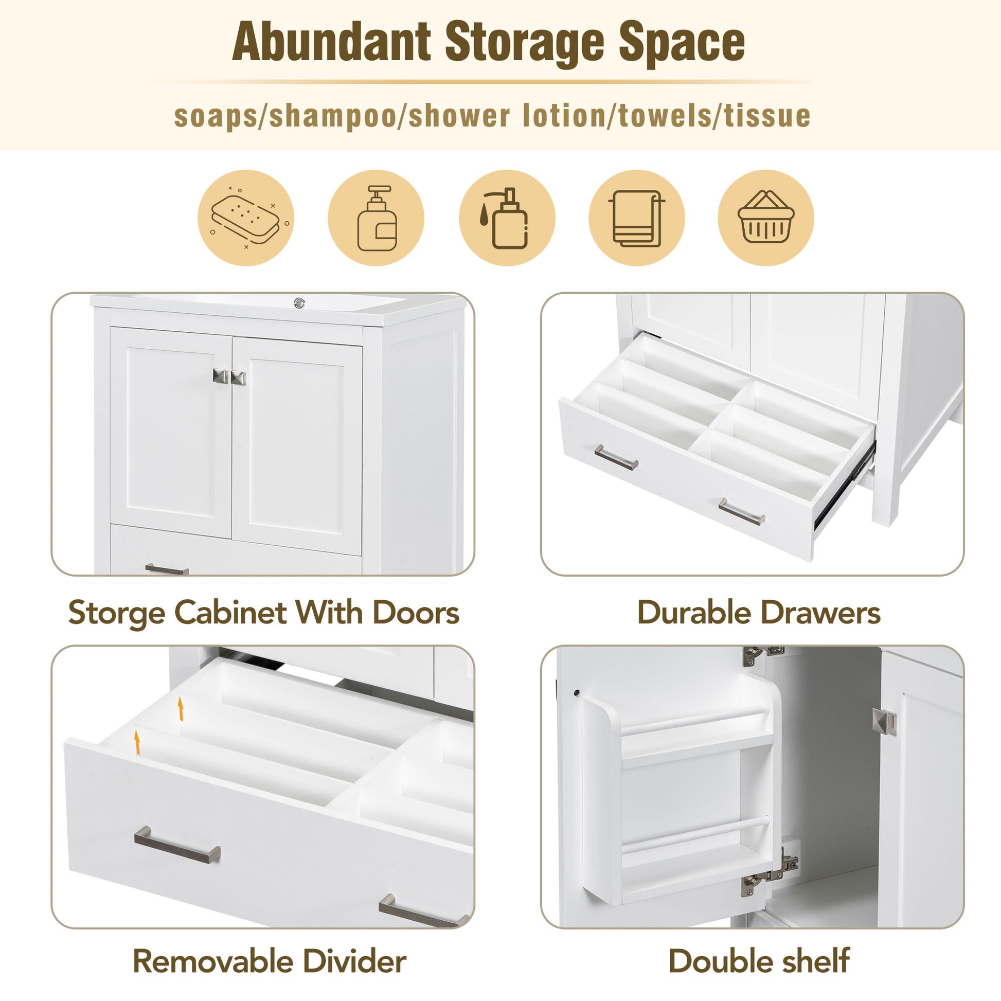 30" White Bathroom Vanity With Single Sink, Combo Cabinet Undermount Sink, Bathroom Storage Cabinet With 2 Doors And A Drawer, Soft Closing, Multifunctional Storage, Solid Wood Frame White Solid Wood Mdf Resin