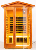 Two Person Far Infrared Khaya Wood Outdoor Sauna Room Roof & Floor Natural Wood Wood Stainless Steel