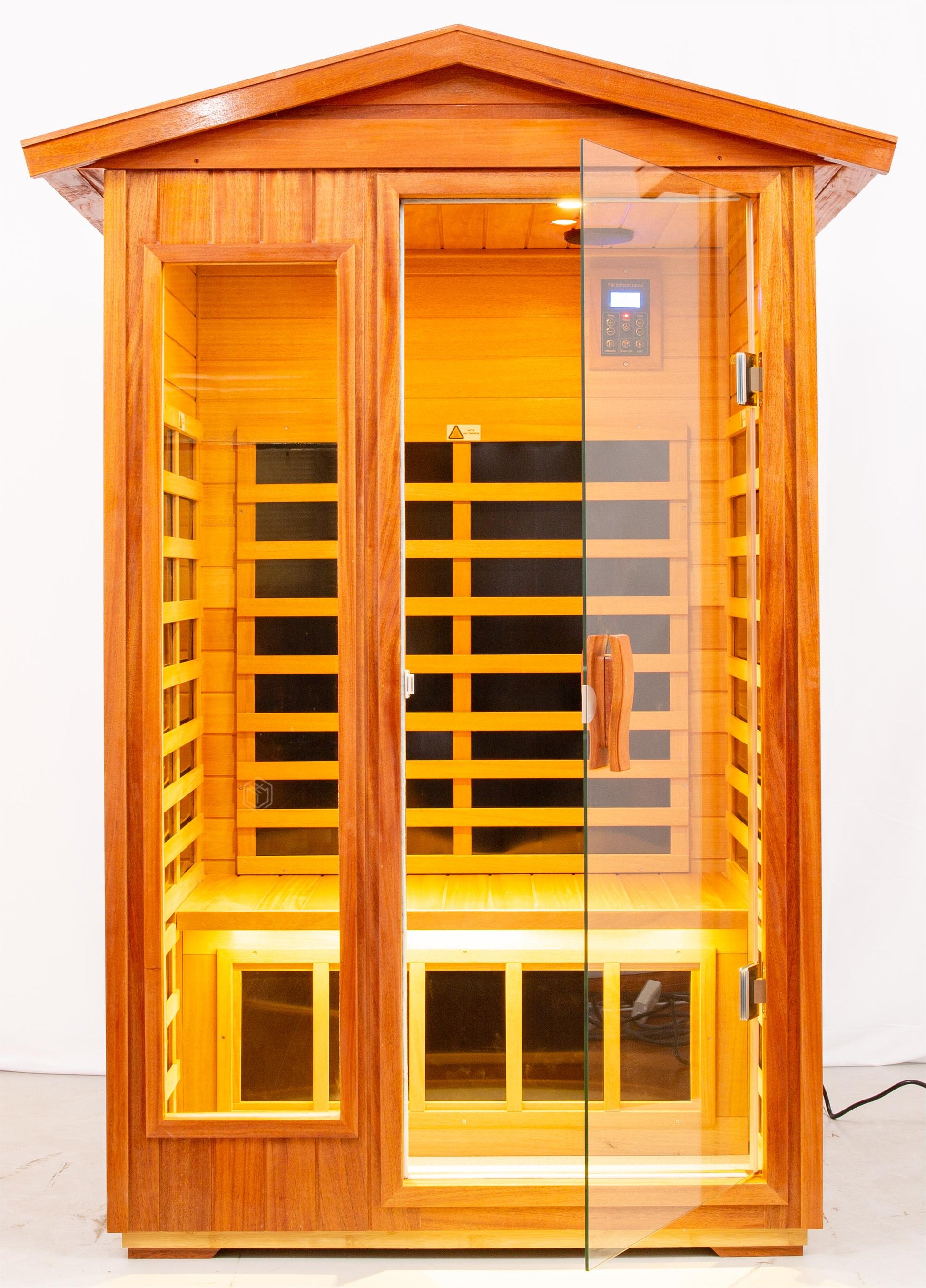 Two Person Far Infrared Khaya Wood Outdoor Sauna Room Roof & Floor Natural Wood Wood Stainless Steel