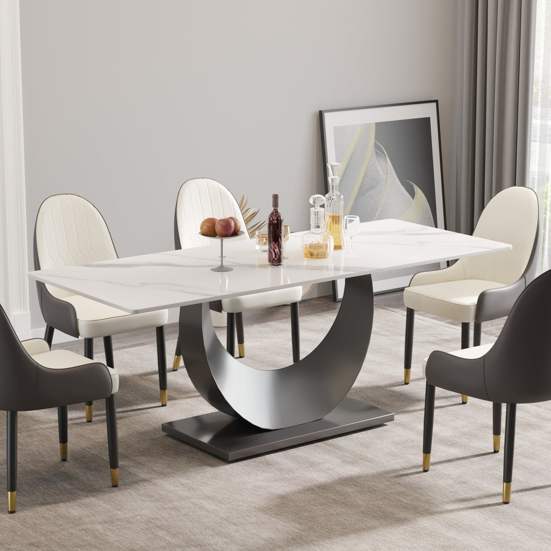 78.74" Modern Artificial Stone White Crescent Shaped Black Metal Legs Can Accommodate 8 People. White Metal Sintered Stone