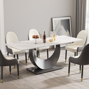 78.74" Modern Artificial Stone White Crescent Shaped Black Metal Legs Can Accommodate 8 People. White Metal Sintered Stone