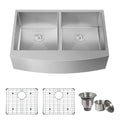 Tecasa Farmhouse Double Bowl 50 50 Sink 33 Inches Stainless Steel Apron Sinks 16 Gauge For Kitchen Front Rounded 10 Inch Deep Single Bowl Kitchen Sink With Accessories Pack Of 3 Silver Stainless Steel