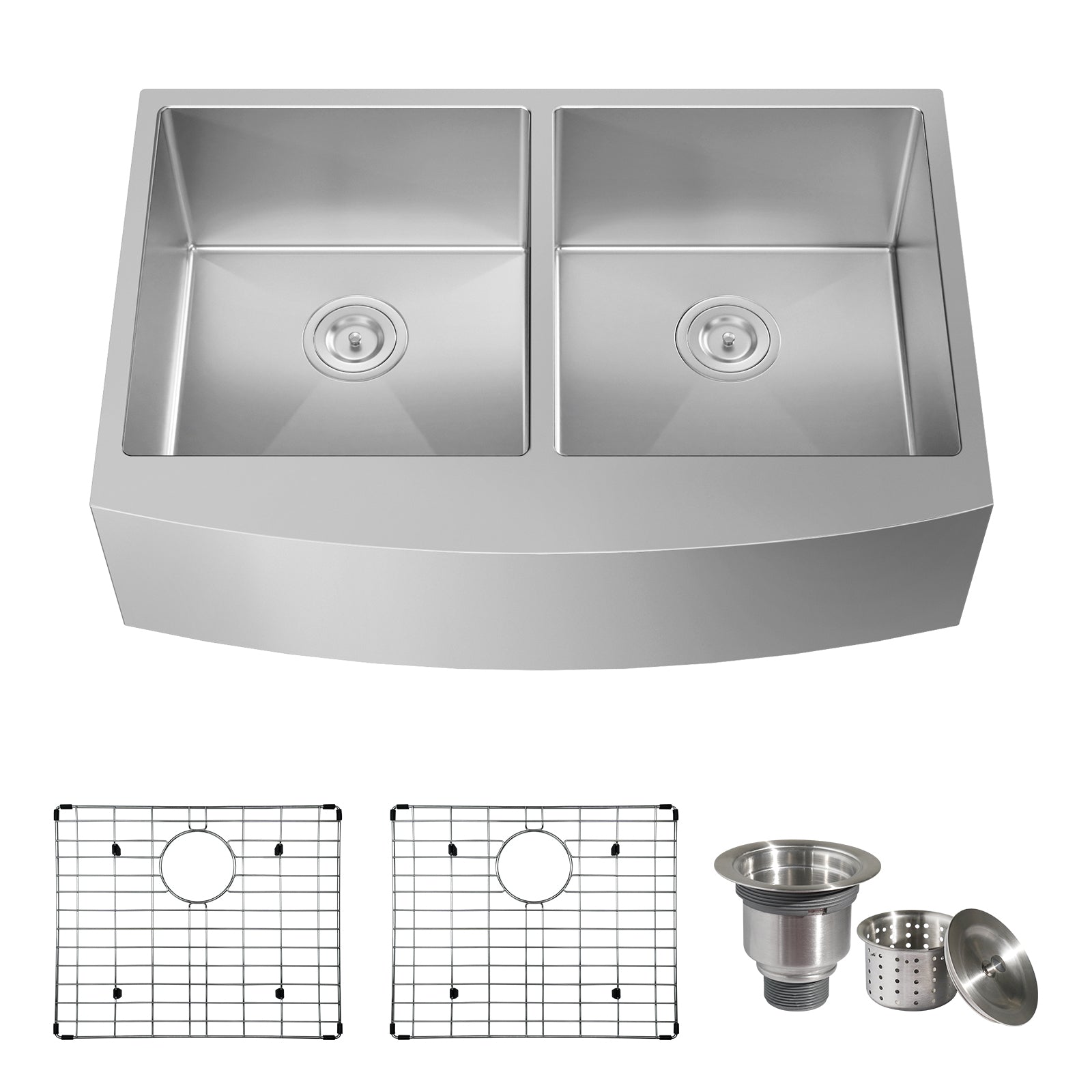 Tecasa Farmhouse Double Bowl 50 50 Sink 33 Inches Stainless Steel Apron Sinks 16 Gauge For Kitchen Front Rounded 10 Inch Deep Single Bowl Kitchen Sink With Accessories Pack Of 3 Silver Stainless Steel