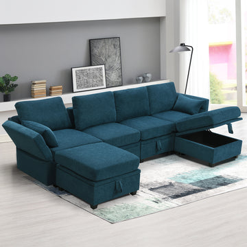 109*54.7" Chenille Modular Sectional Sofa,U Shaped Couch With Adjustable Armrests And Backrests,6 Seat Reversible Sofa Bed With Storage Seats For Living Room, Apartment,2 Colors Blue Chenille 6 Seat