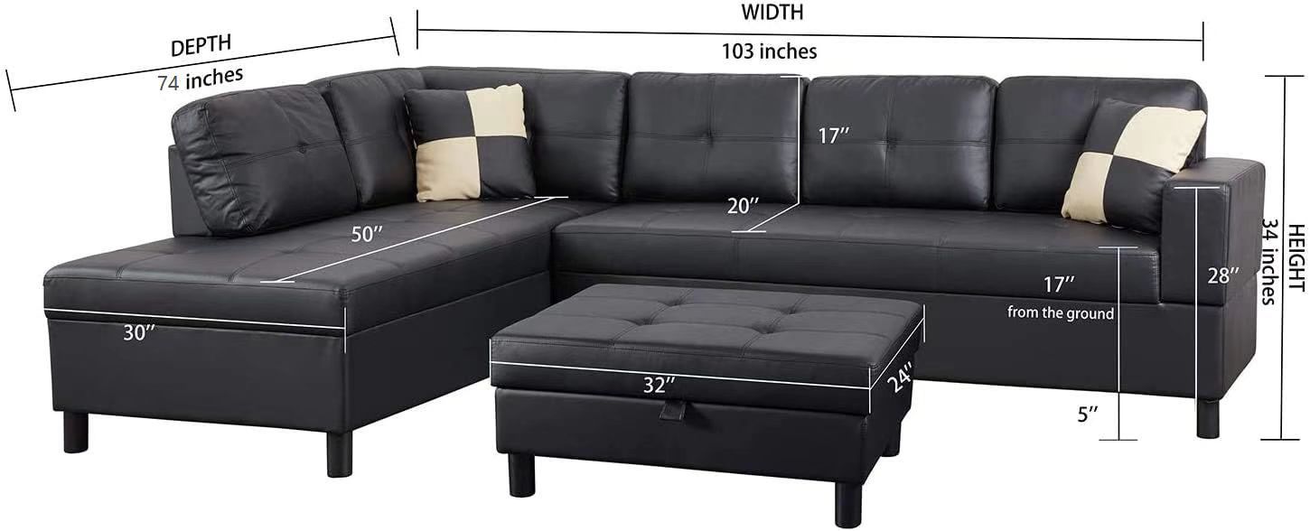 3 Piece Modular Sofa Set, Black Faux Leather Right Side Lounger With Free Storage Footrest Black Leather