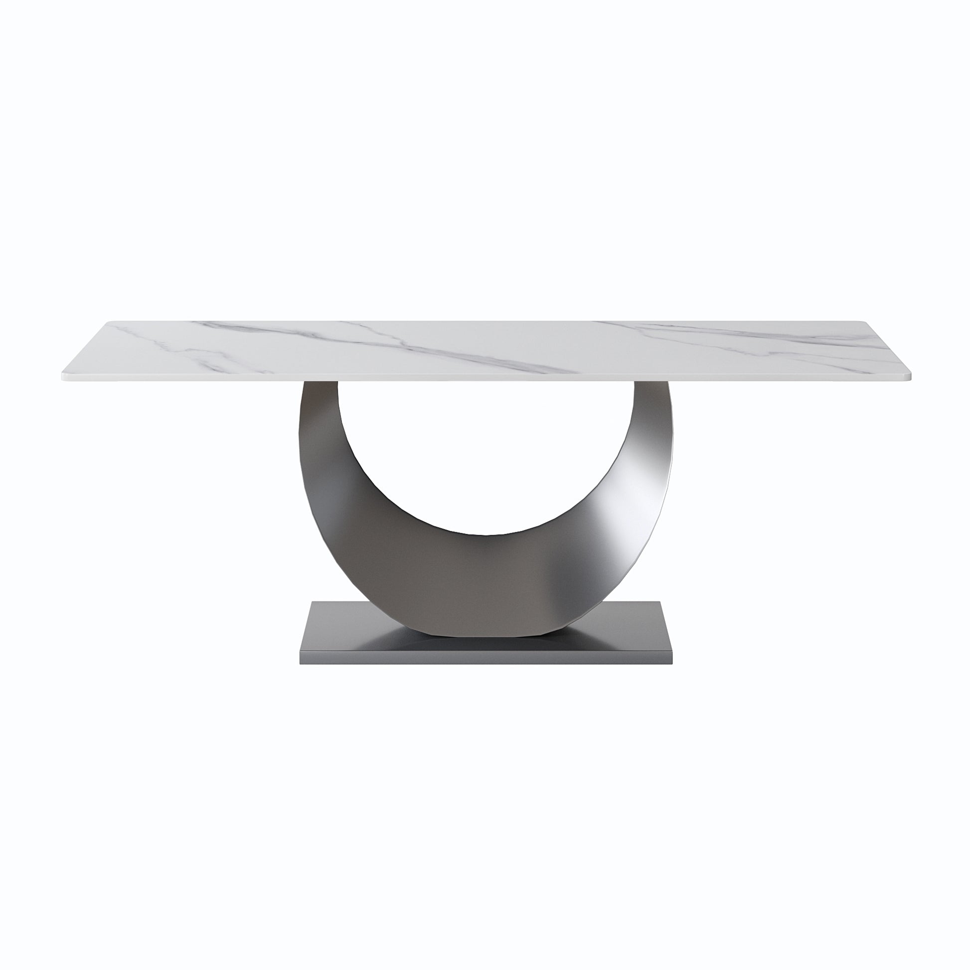 78.74" Modern Artificial Stone White Crescent Shaped Black Metal Legs Can Accommodate 8 People. White Metal Sintered Stone
