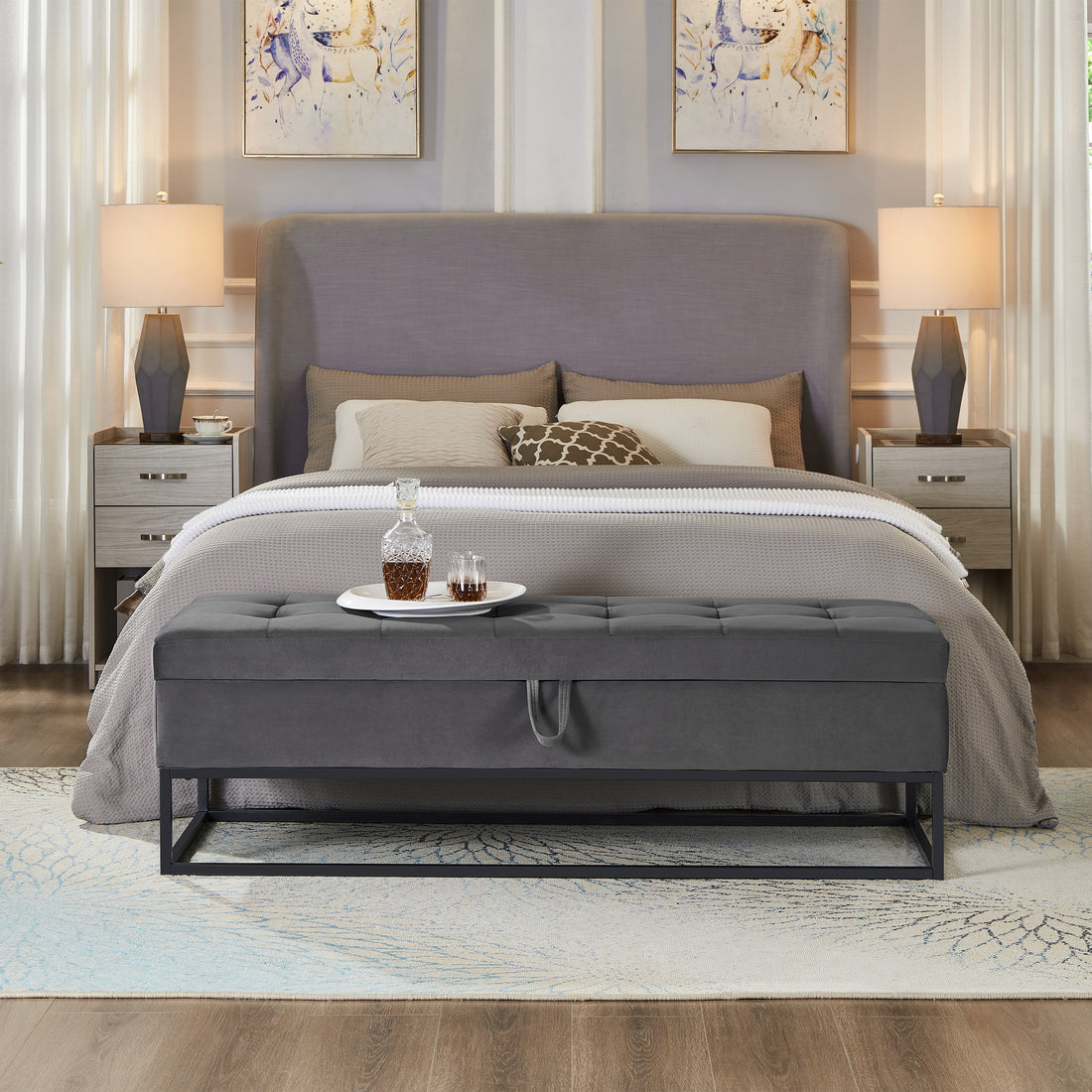 58.6" Bed Bench Metal Base With Storage Grey Velvet Grey Foam Velvet