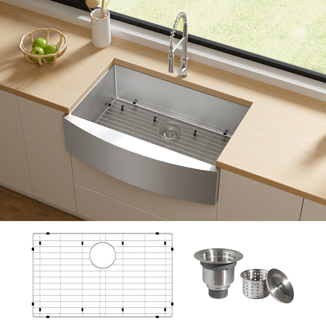 Tecasa Farmhouse Sink 30 Inches Stainless Steel Apron Sinks 16 Gauge For Kitchen Front Rounded 10 Inch Deep Single Bowl Kitchen Sink With Accessories Pack Of 3 Silver Stainless Steel