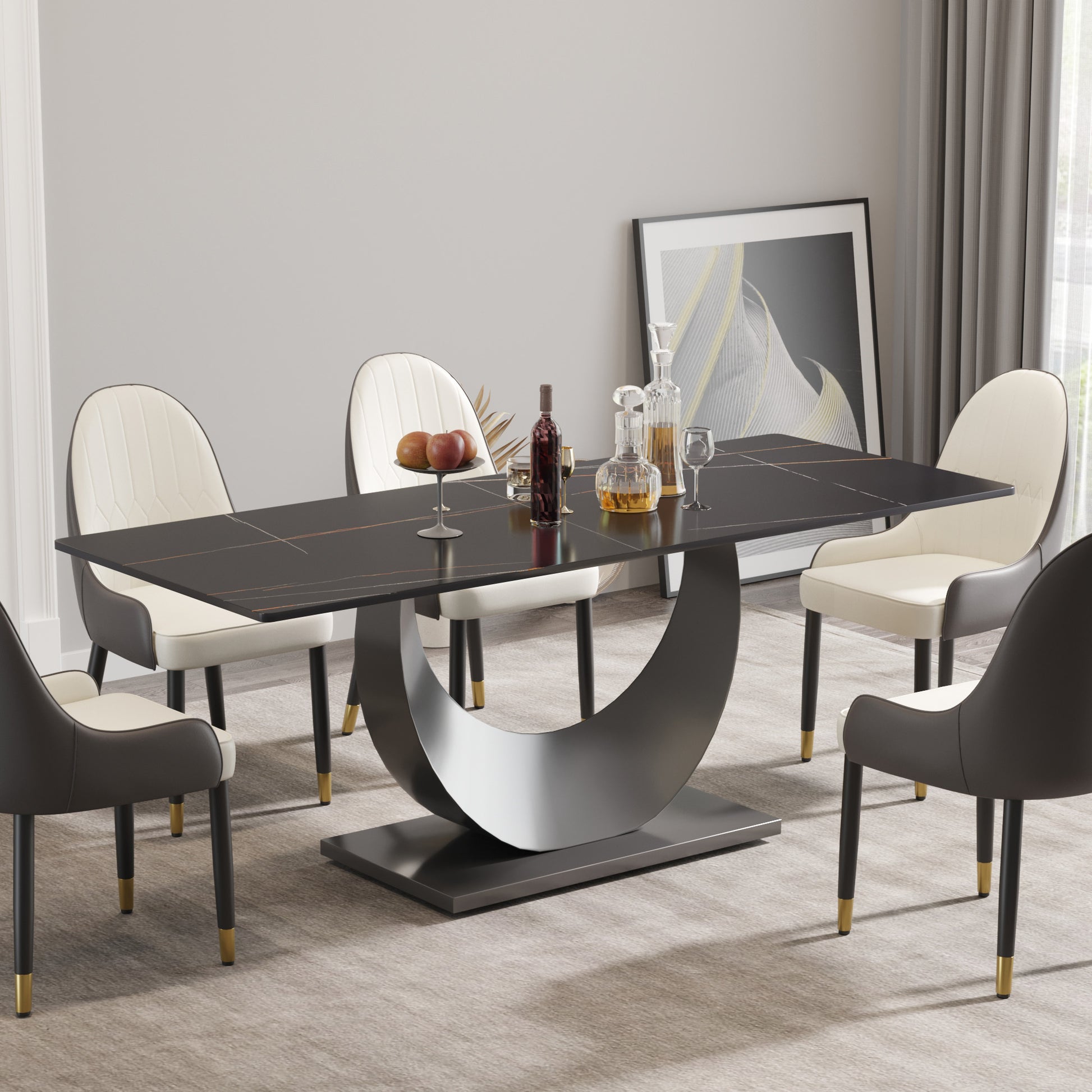 78.74" Modern Artificial Stone Black Crescent Shaped Black Metal Legs Can Accommodate 8 People. Black Metal Sintered Stone