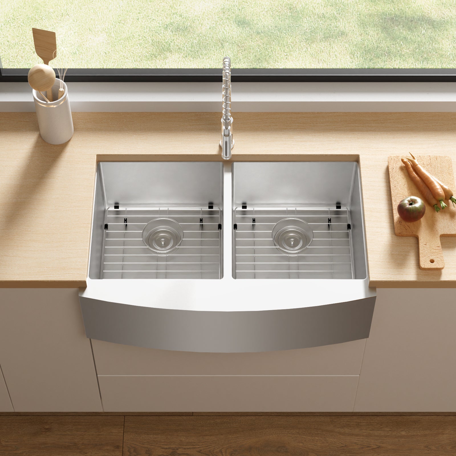 Tecasa Farmhouse Double Bowl 50 50 Sink 33 Inches Stainless Steel Apron Sinks 16 Gauge For Kitchen Front Rounded 10 Inch Deep Single Bowl Kitchen Sink With Accessories Pack Of 3 Silver Stainless Steel