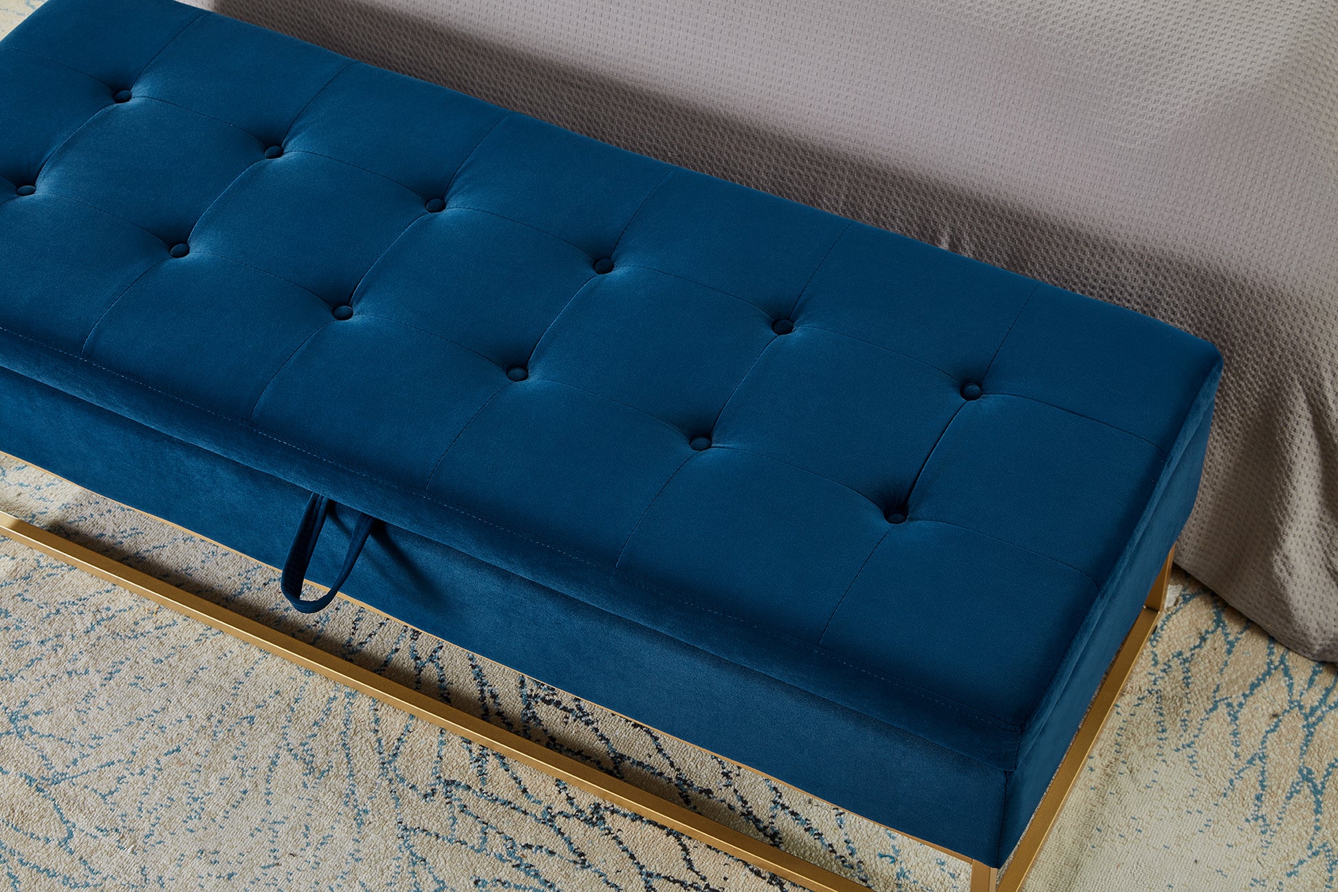 58.6" Bed Bench Metal Base With Storage Navy Blue Velvet Navy Blue Foam Velvet