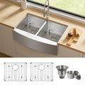 Tecasa Farmhouse Double Bowl 50 50 Sink 33 Inches Stainless Steel Apron Sinks 16 Gauge For Kitchen Front Rounded 10 Inch Deep Single Bowl Kitchen Sink With Accessories Pack Of 3 Silver Stainless Steel