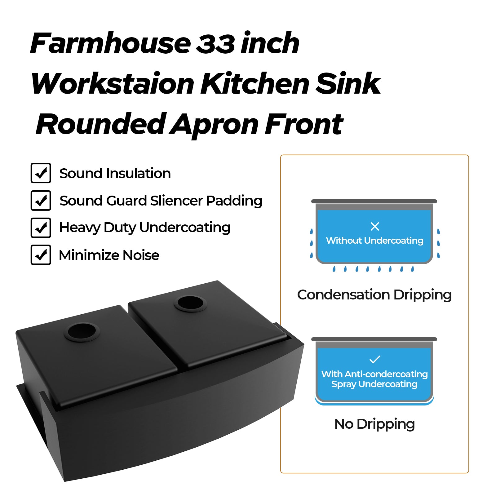 Tecasa Farmhouse Double Bowl 50 50 Sink 33 Inches Stainless Steel Apron Sinks 16 Gauge For Kitchen Front Rounded 10 Inch Deep Single Bowl Kitchen Sink With Accessories Pack Of 3 Silver Stainless Steel
