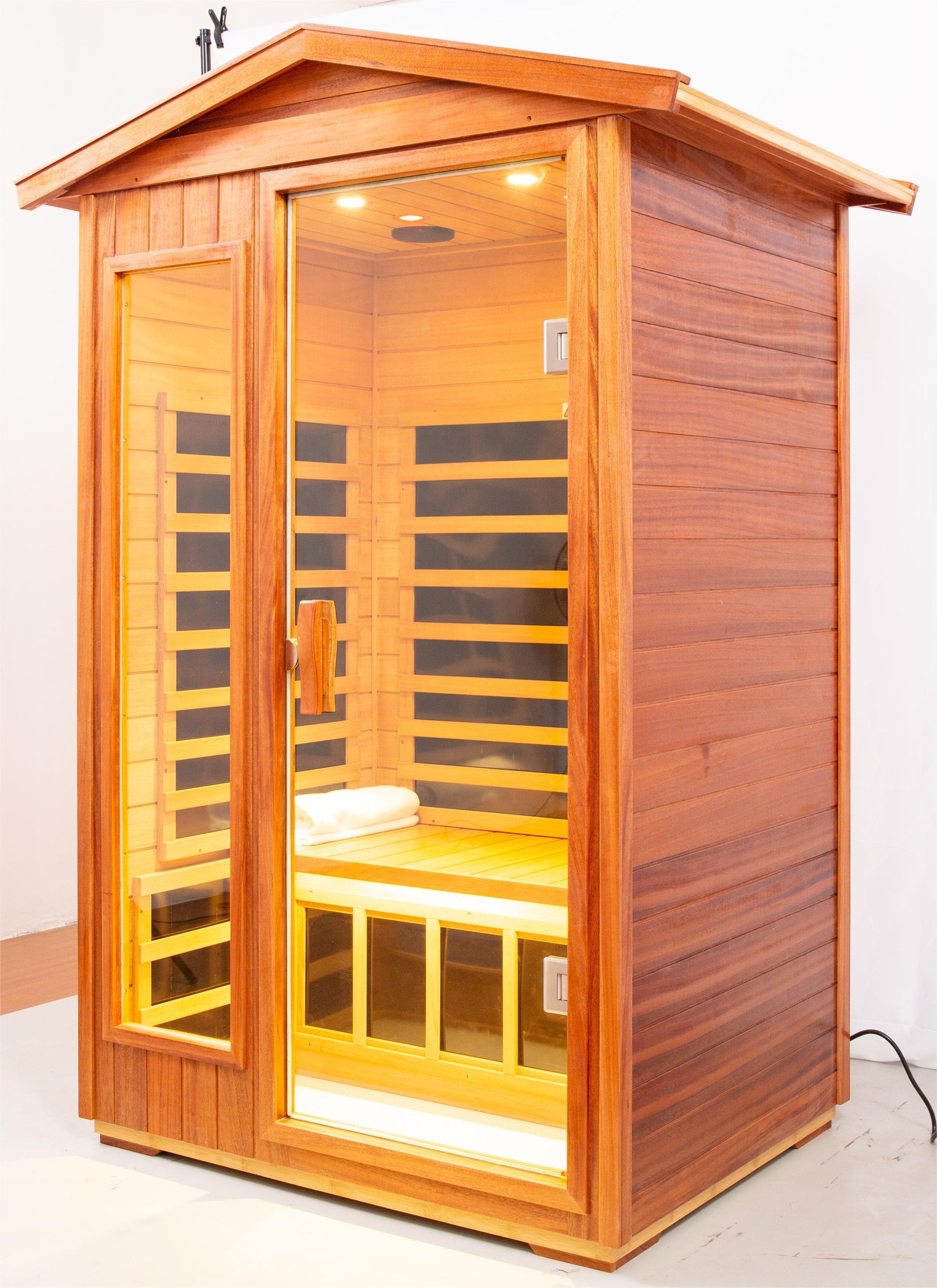 Two Person Far Infrared Khaya Wood Outdoor Sauna Room Natural Wood Wood Stainless Steel