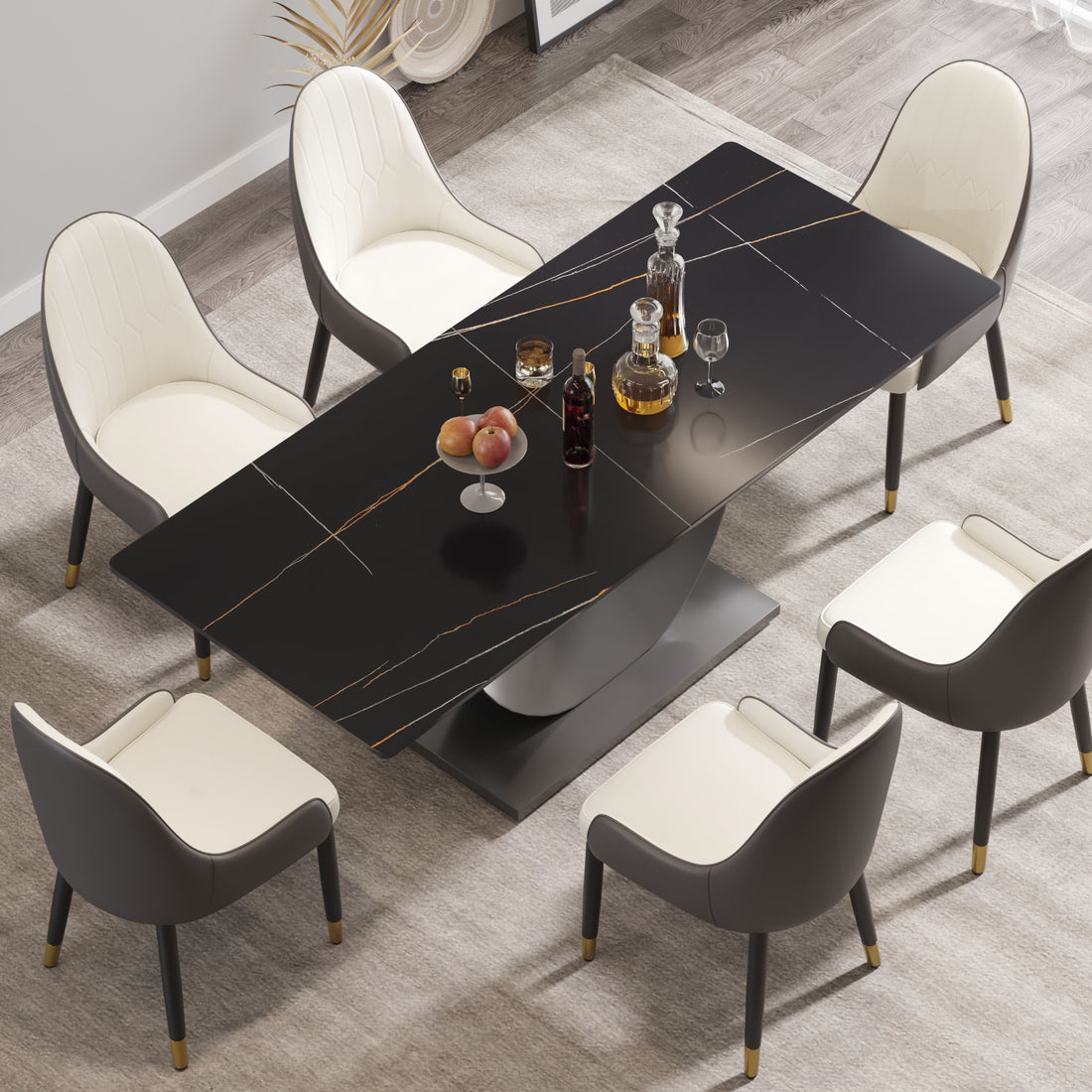 78.74" Modern Artificial Stone Black Crescent Shaped Black Metal Legs Can Accommodate 8 People. Black Metal Sintered Stone