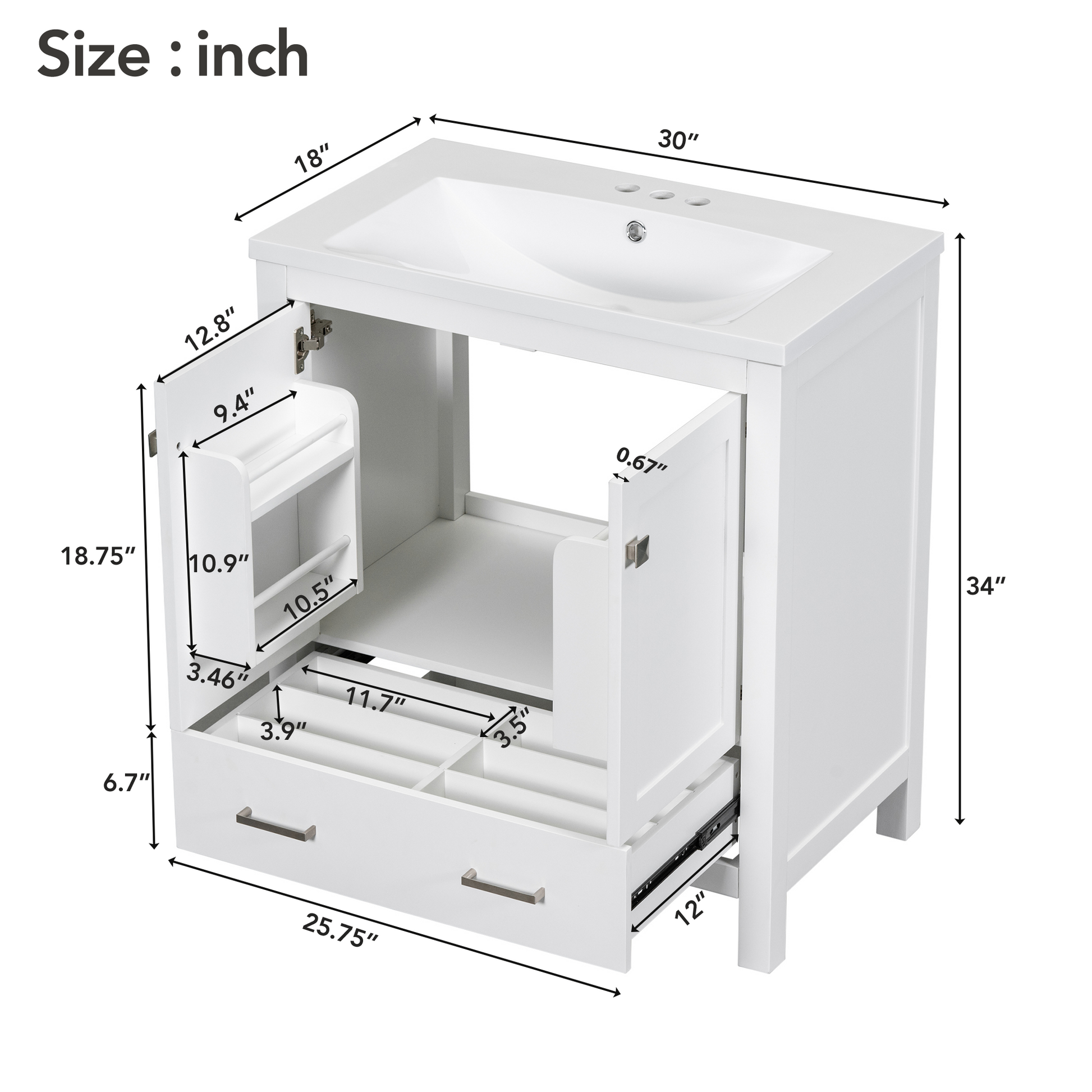 30" White Bathroom Vanity With Single Sink, Combo Cabinet Undermount Sink, Bathroom Storage Cabinet With 2 Doors And A Drawer, Soft Closing, Multifunctional Storage, Solid Wood Frame White Solid Wood Mdf Resin