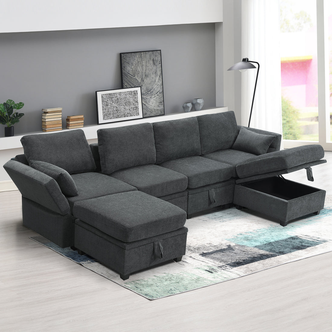 109*54.7" Chenille Modular Sectional Sofa,U Shaped Couch With Adjustable Armrests And Backrests,6 Seat Reversible Sofa Bed With Storage Seats For Living Room, Apartment,2 Colors Grey Chenille 6 Seat