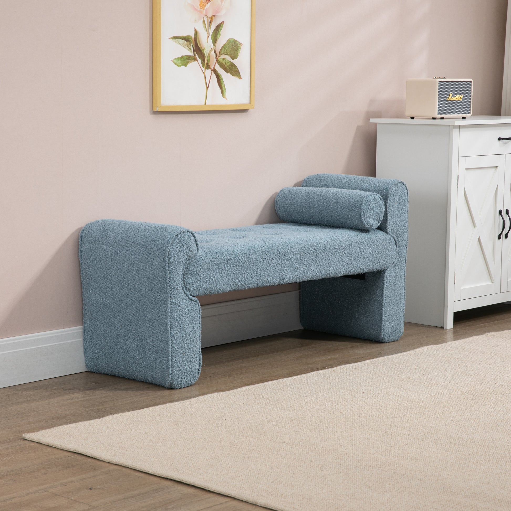 Coolmore Modern Ottoman Bench, Bed Stool Made Of Loop Gauze, End Bed Bench, Footrest For Bedroom, Living Room, End Of Bed, Hallway Light Blue Boucle