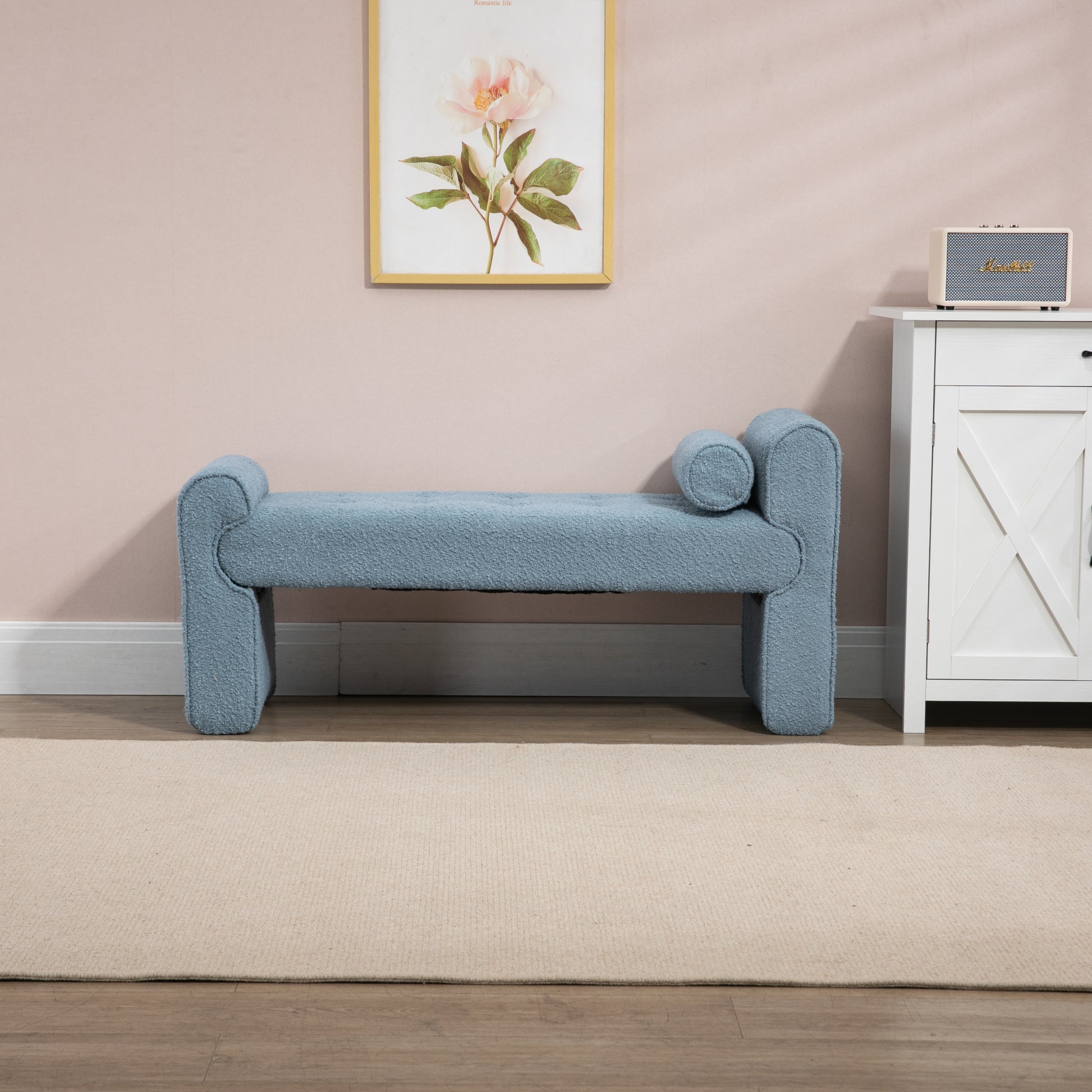 Coolmore Modern Ottoman Bench, Bed Stool Made Of Loop Gauze, End Bed Bench, Footrest For Bedroom, Living Room, End Of Bed, Hallway Light Blue Boucle
