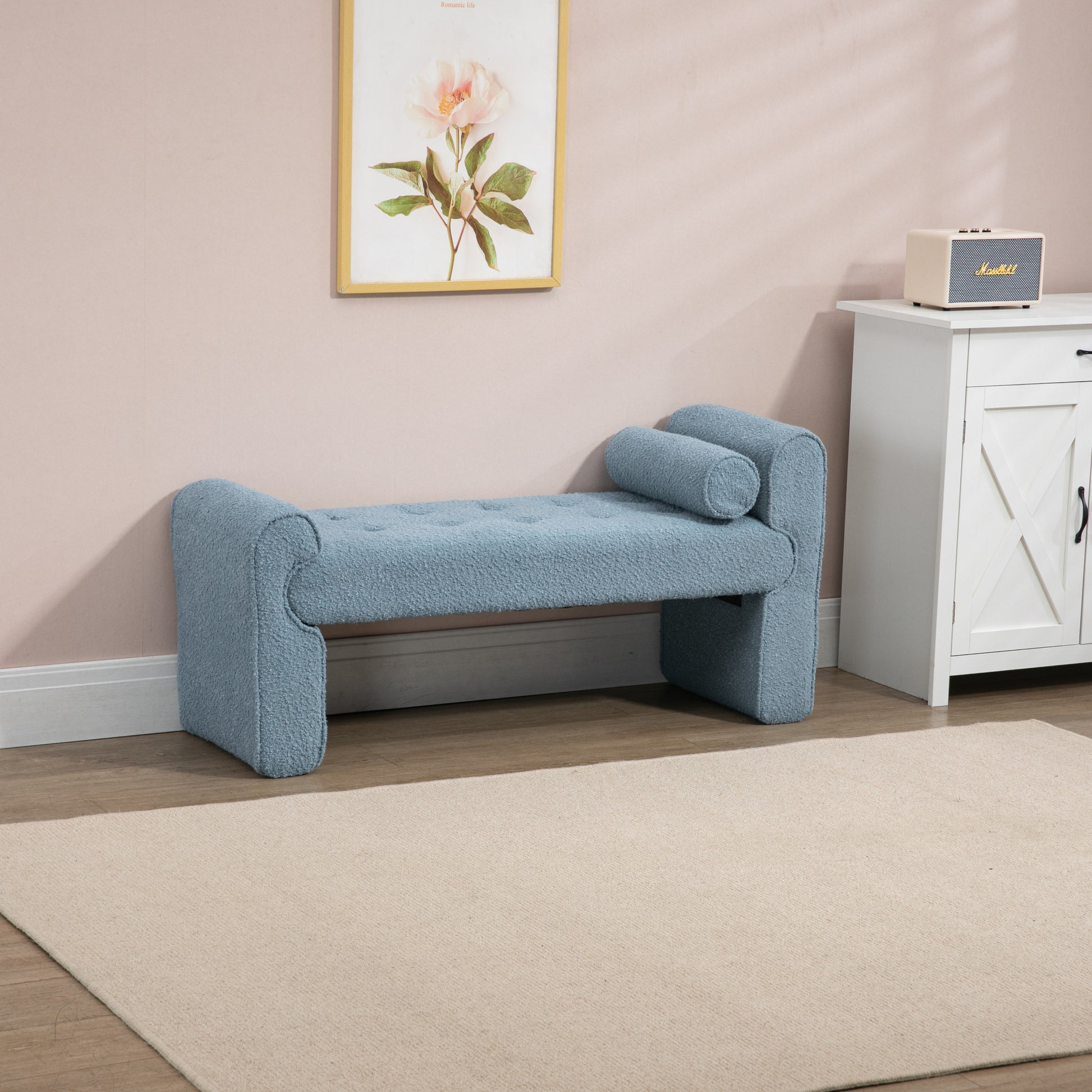 Coolmore Modern Ottoman Bench, Bed Stool Made Of Loop Gauze, End Bed Bench, Footrest For Bedroom, Living Room, End Of Bed, Hallway Light Blue Boucle