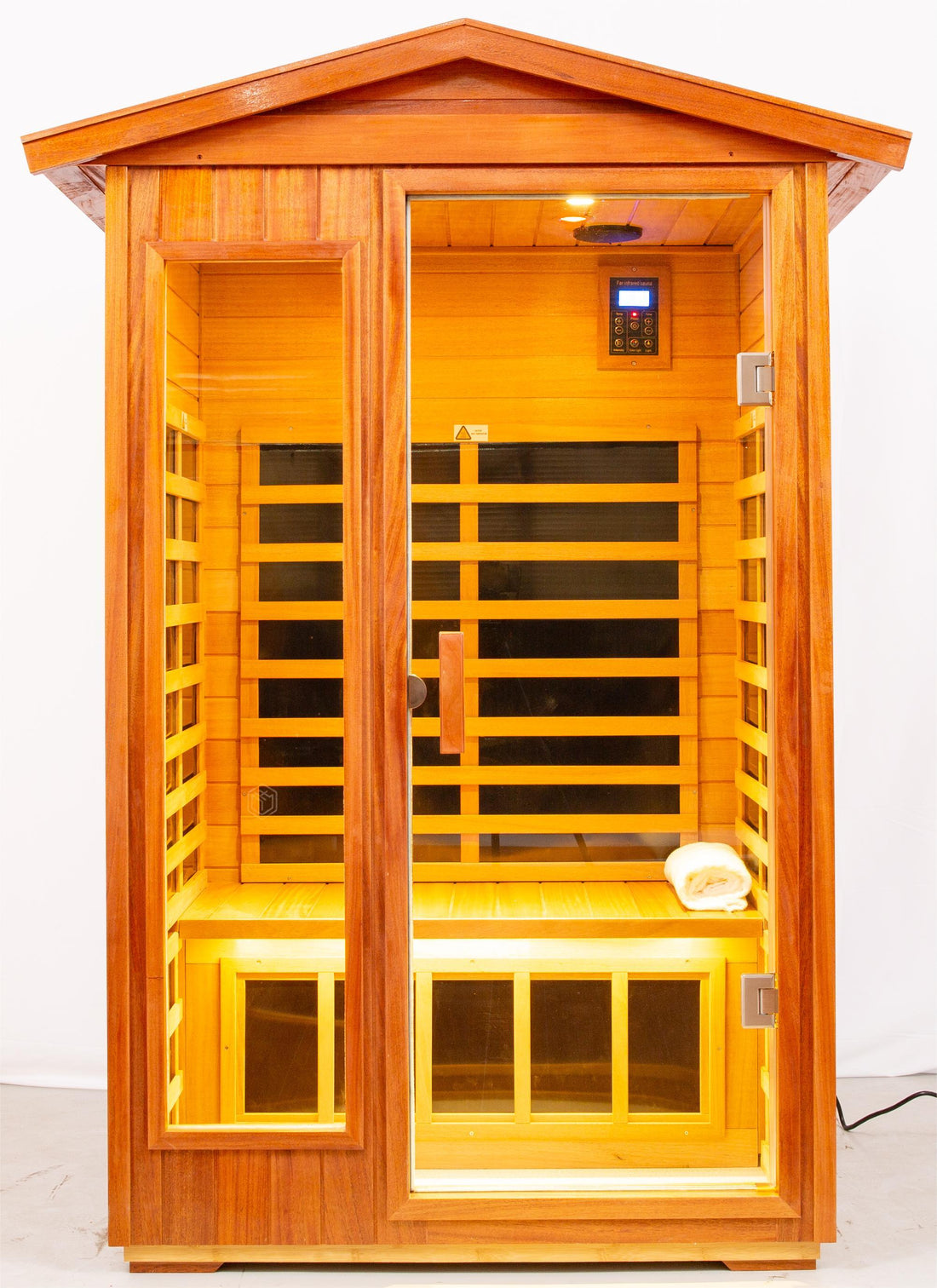 Two Person Far Infrared Khaya Wood Outdoor Sauna Room Natural Wood Wood Stainless Steel