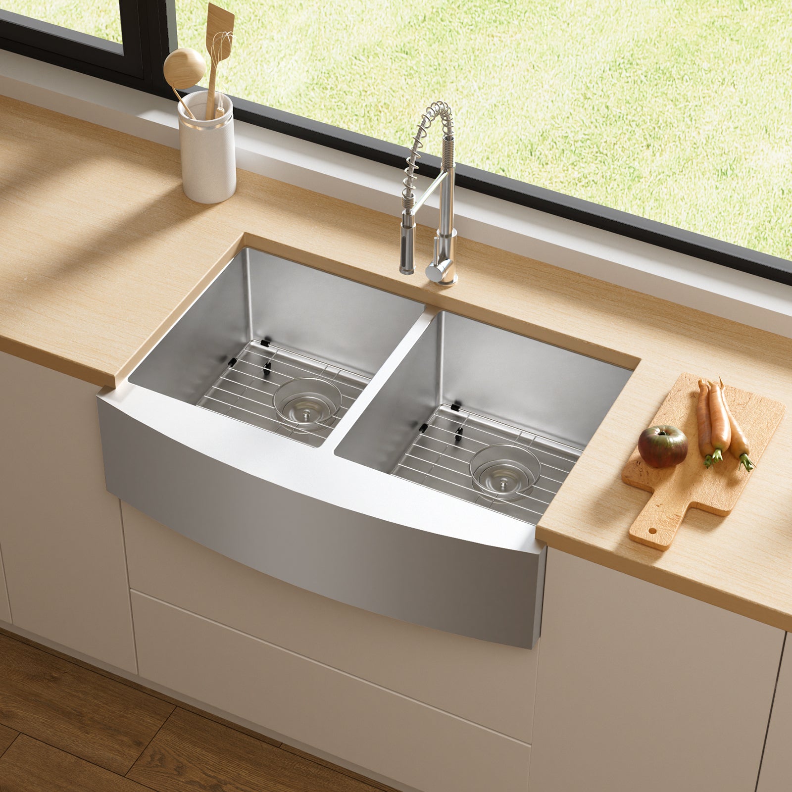 Tecasa Farmhouse Double Bowl 50 50 Sink 33 Inches Stainless Steel Apron Sinks 16 Gauge For Kitchen Front Rounded 10 Inch Deep Single Bowl Kitchen Sink With Accessories Pack Of 3 Silver Stainless Steel