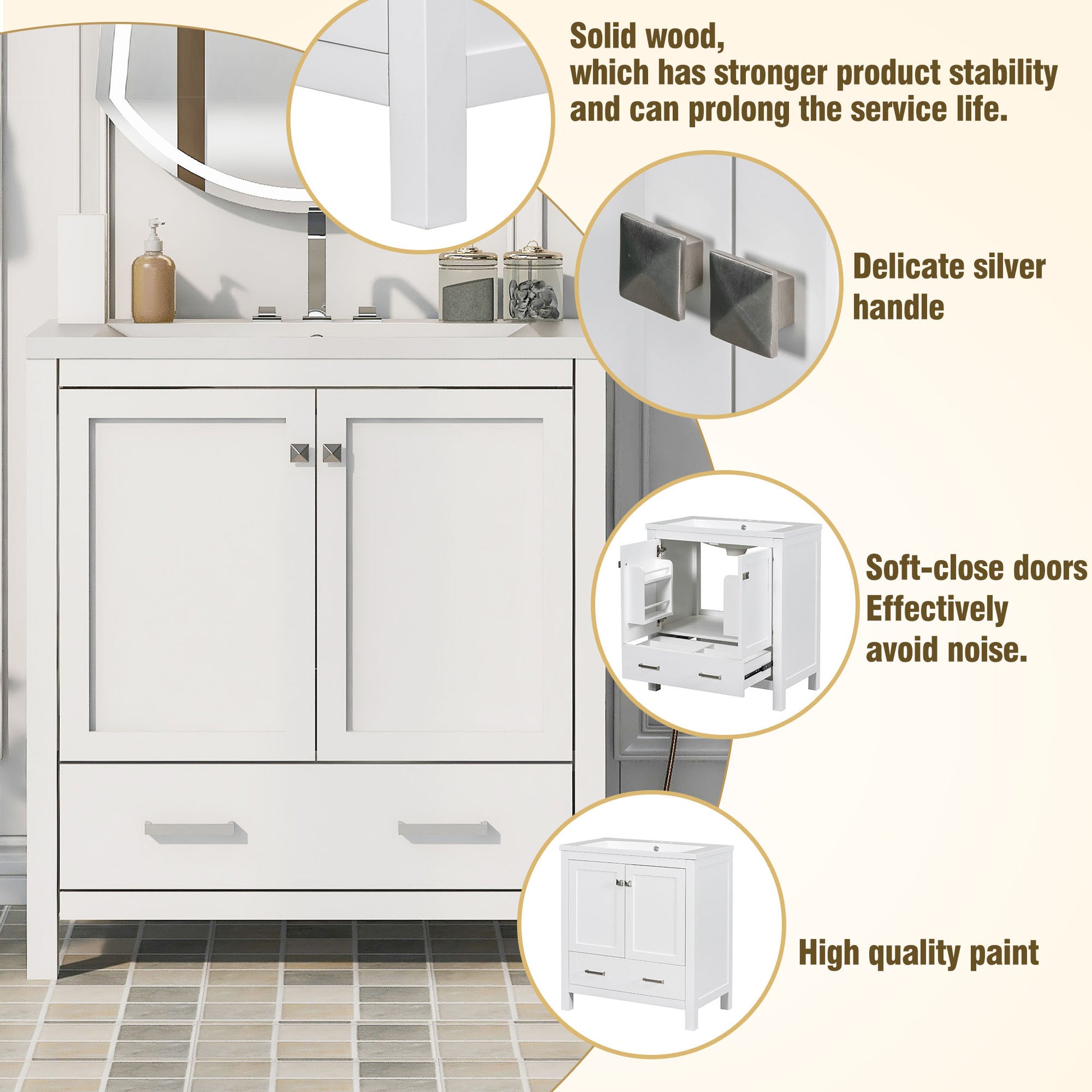 30" White Bathroom Vanity With Single Sink, Combo Cabinet Undermount Sink, Bathroom Storage Cabinet With 2 Doors And A Drawer, Soft Closing, Multifunctional Storage, Solid Wood Frame White Solid Wood Mdf Resin