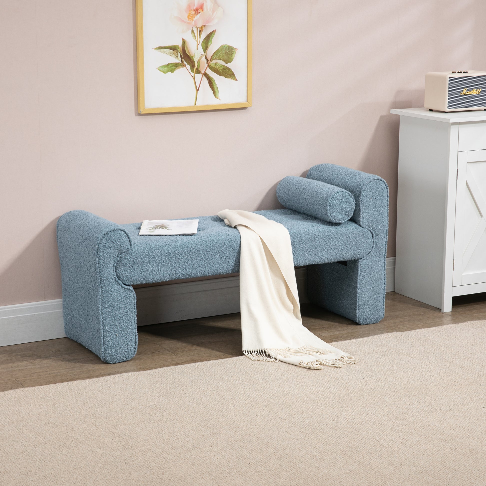 Coolmore Modern Ottoman Bench, Bed Stool Made Of Loop Gauze, End Bed Bench, Footrest For Bedroom, Living Room, End Of Bed, Hallway Light Blue Boucle