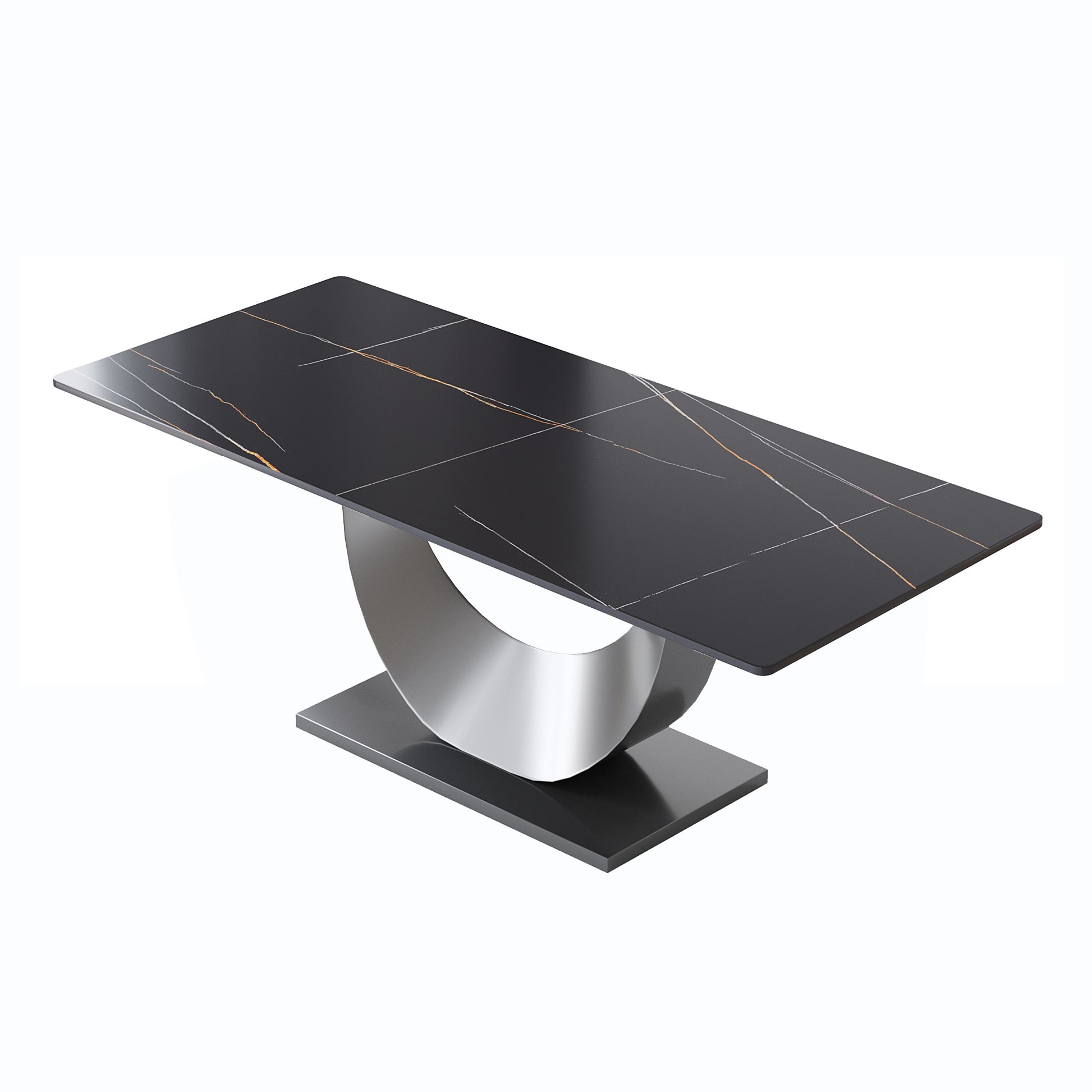78.74" Modern Artificial Stone Black Crescent Shaped Black Metal Legs Can Accommodate 8 People. Black Metal Sintered Stone