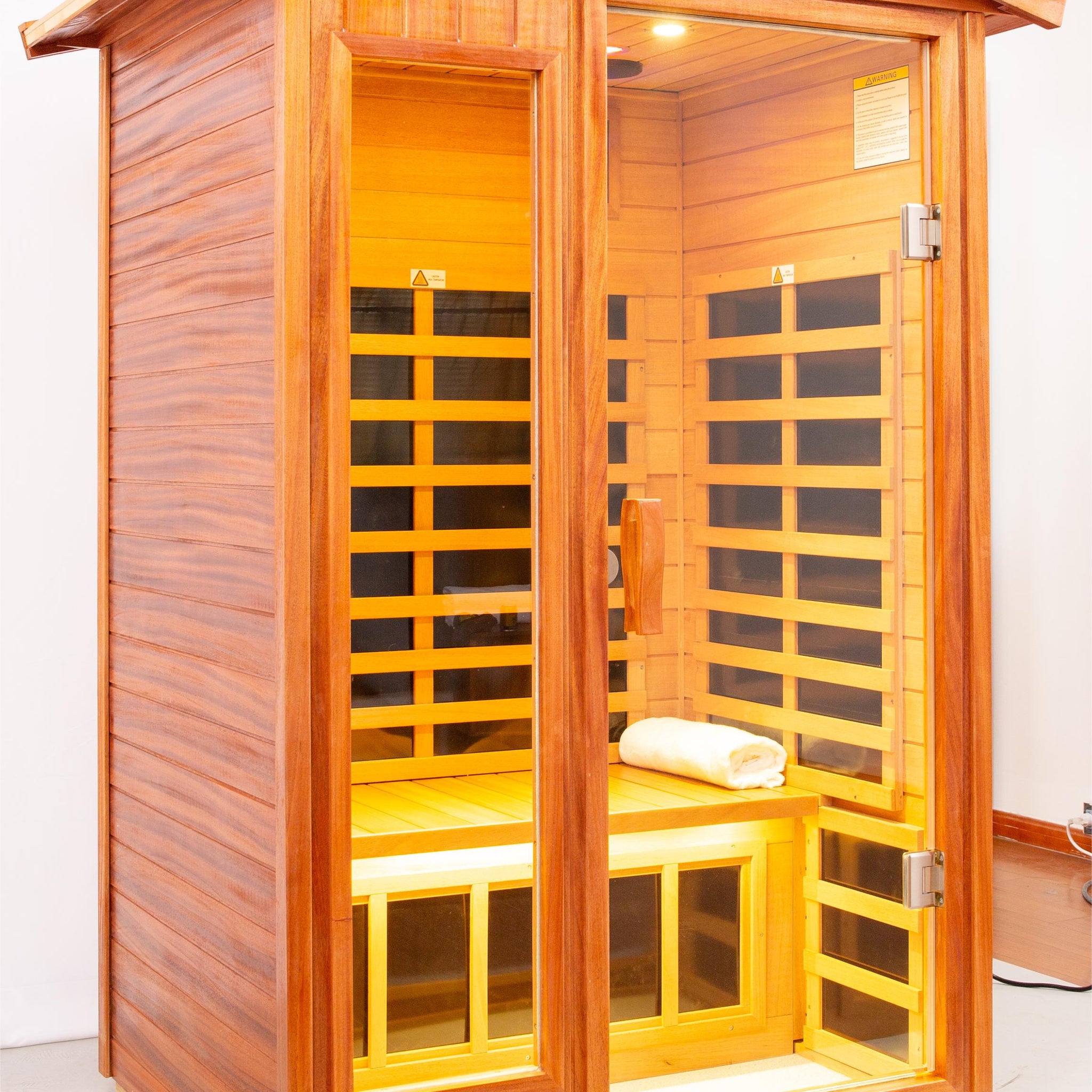 Two Person Far Infrared Khaya Wood Outdoor Sauna Room Roof & Floor Natural Wood Wood Stainless Steel