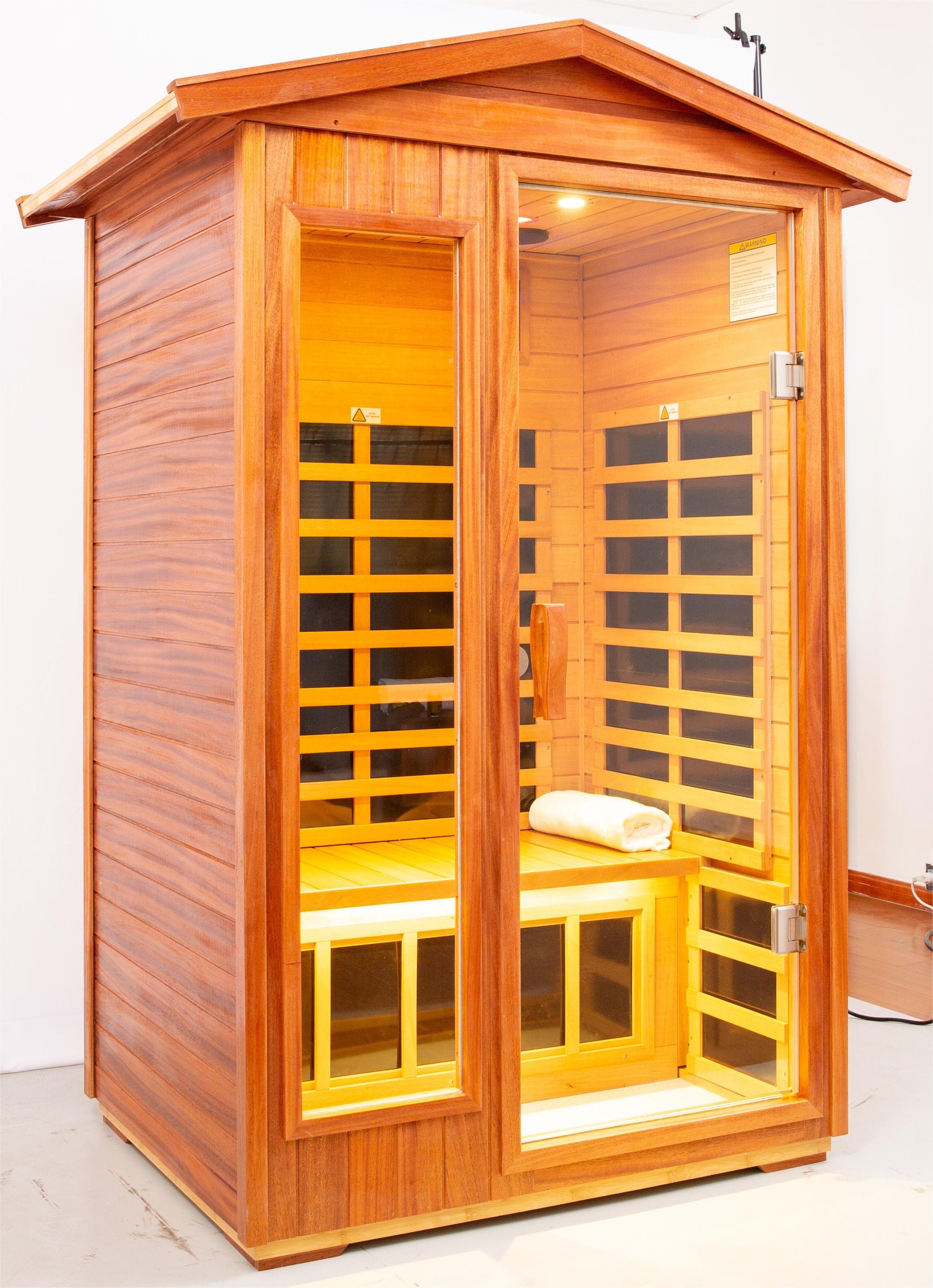 Two Person Far Infrared Khaya Wood Outdoor Sauna Room Roof & Floor Natural Wood Wood Stainless Steel