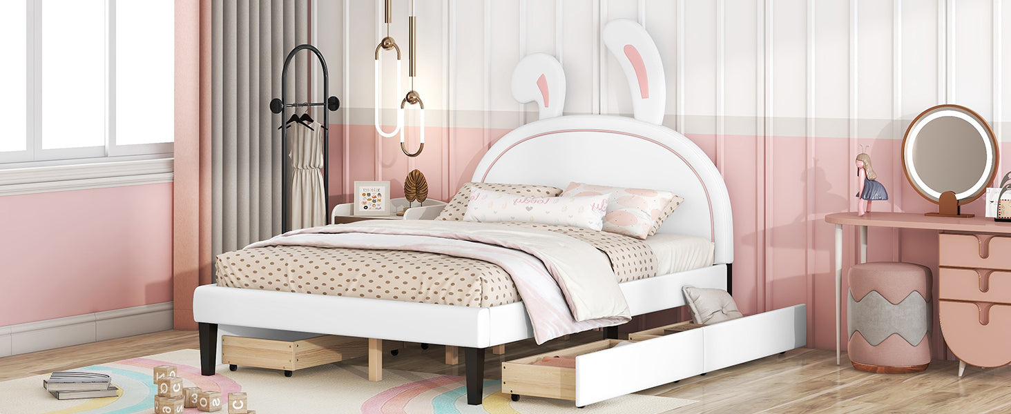 Full Size Upholstered Leather Platform Bed With Rabbit Ornament And 4 Drawers, White White Upholstered