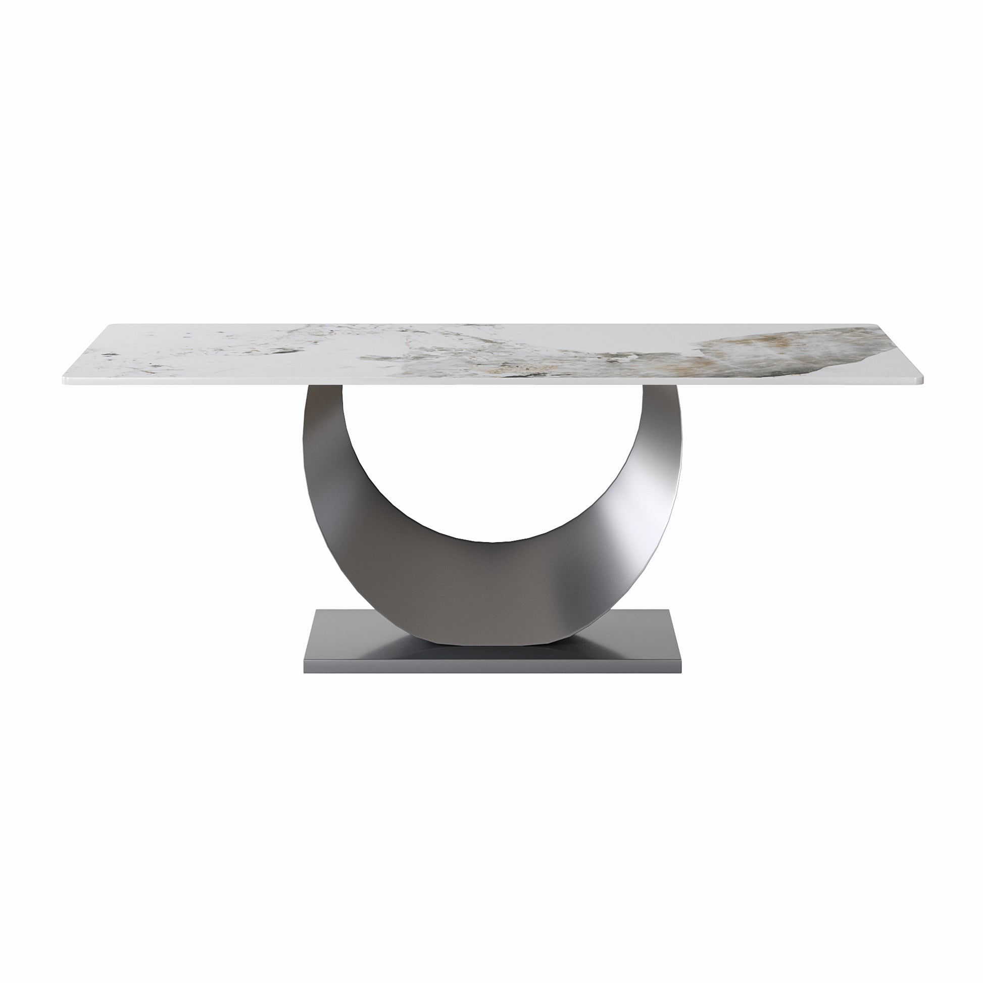 78.74" Modern Artificial Stone Pandora White Crescent Shaped Black Metal Legs Can Accommodate 8 People. Antique White Metal Sintered Stone