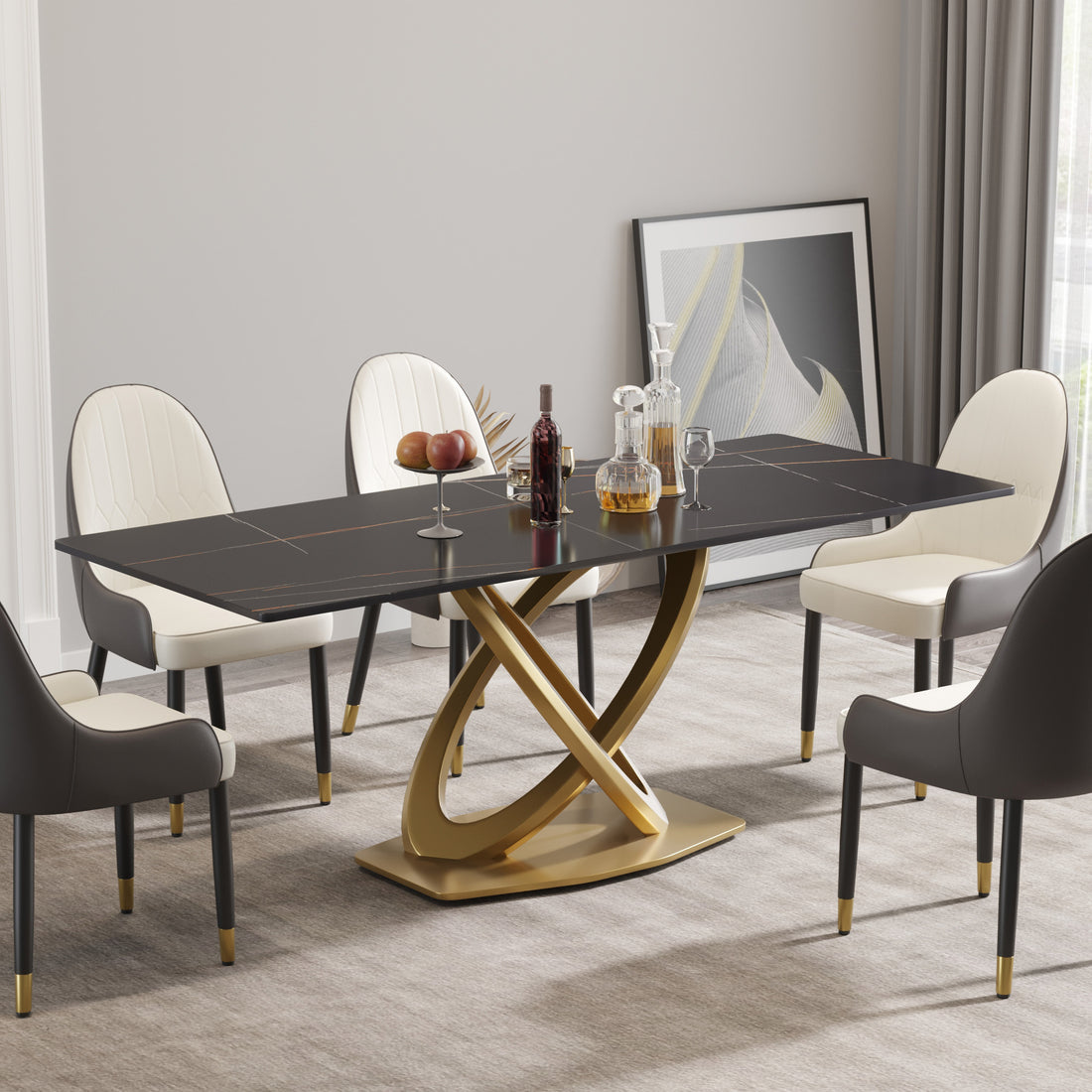 78.74 "Modern Artificial Stone Black Panel Double Ring Stainless Steel Metal Legs Can Accommodate 8 People. Black Metal Sintered Stone