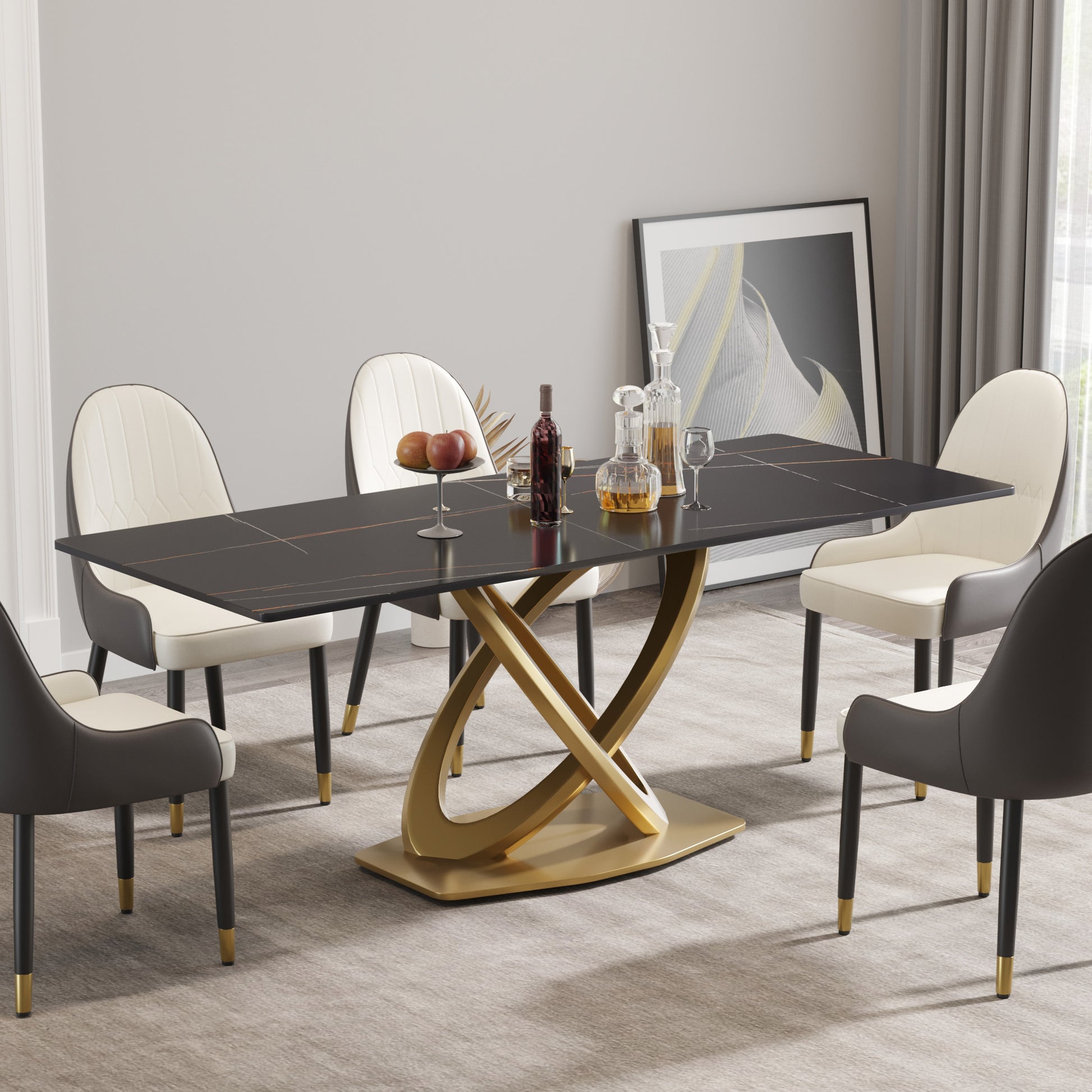 78.74 "Modern Artificial Stone Black Panel Double Ring Stainless Steel Metal Legs Can Accommodate 8 People. Black Metal Sintered Stone