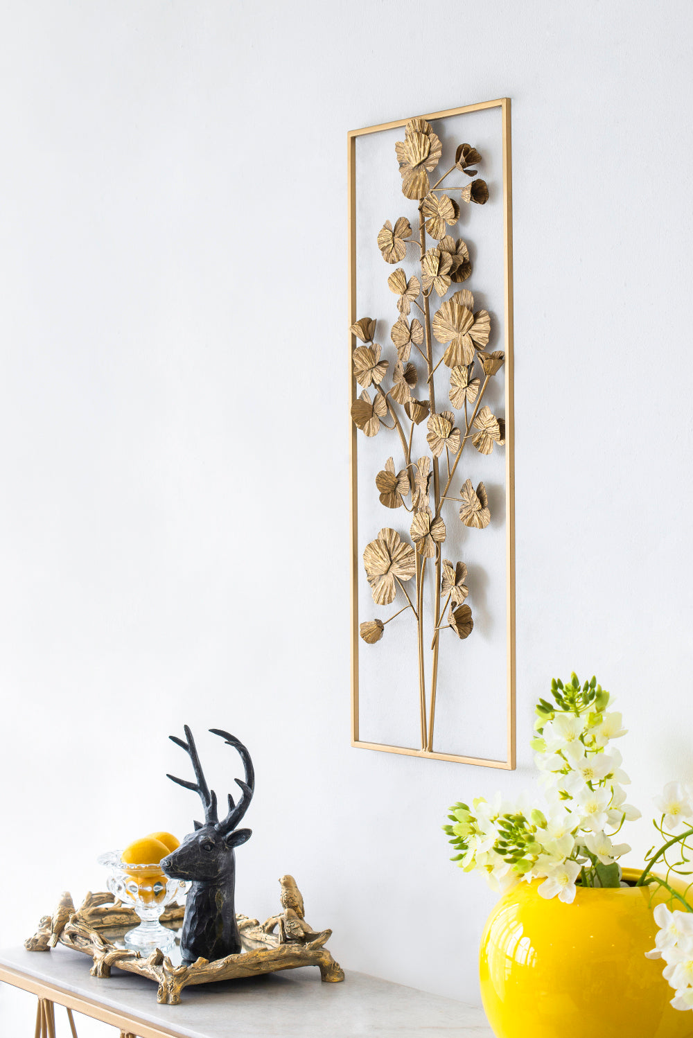 30" X 12" Metal Tree Wall Decor, Vertical Rectangular Flower Wall Accent, Gold Gold Iron