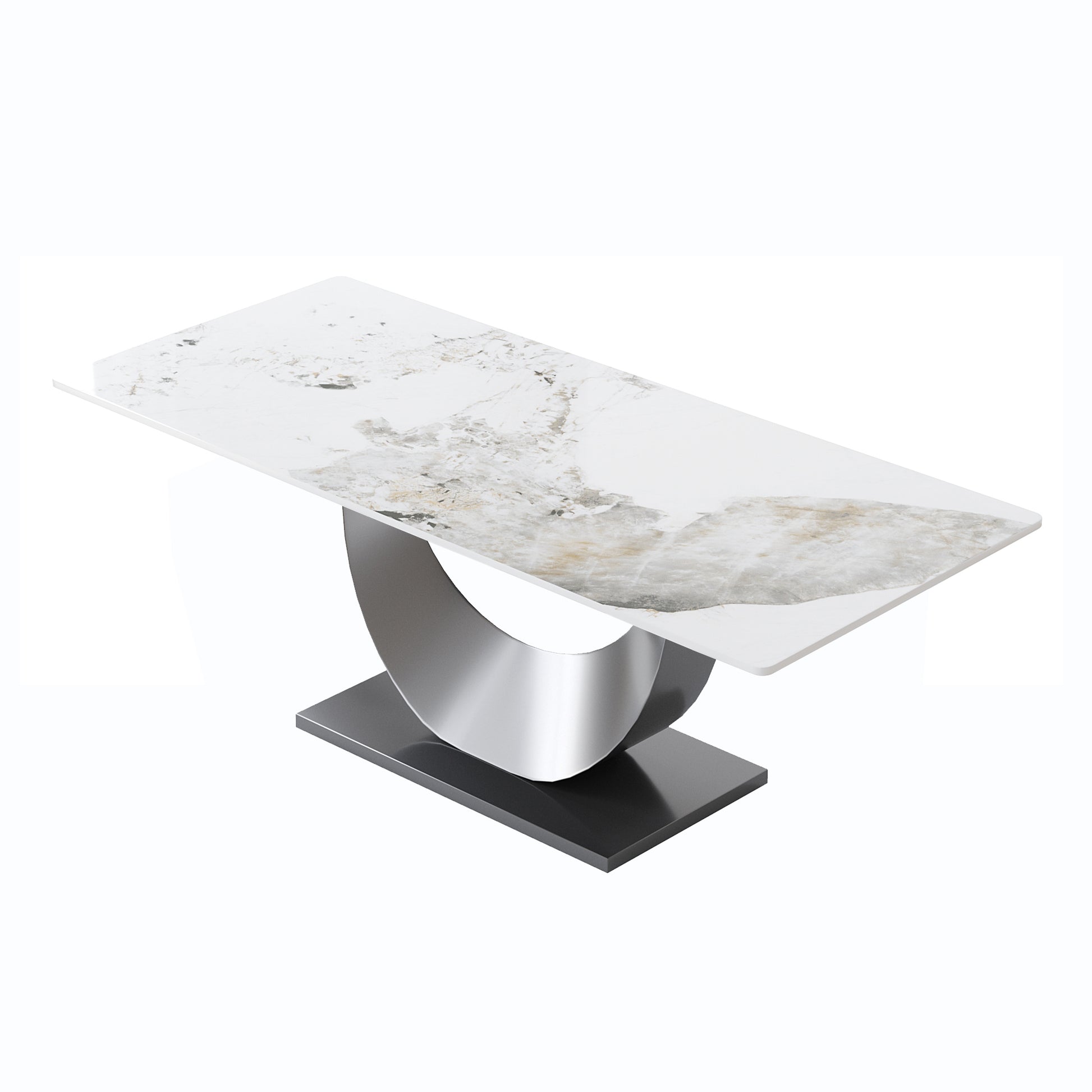 78.74" Modern Artificial Stone Pandora White Crescent Shaped Black Metal Legs Can Accommodate 8 People. Antique White Metal Sintered Stone