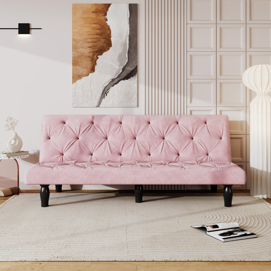 2534B Sofa Converts Into Sofa Bed 66" Pink Velvet Sofa Bed Suitable For Family Living Room, Apartment, Bedroom Baby Pink Velvet