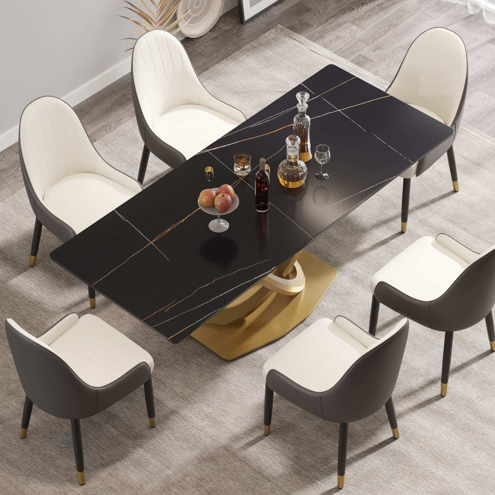 78.74 "Modern Artificial Stone Black Panel Double Ring Stainless Steel Metal Legs Can Accommodate 8 People. Black Metal Sintered Stone