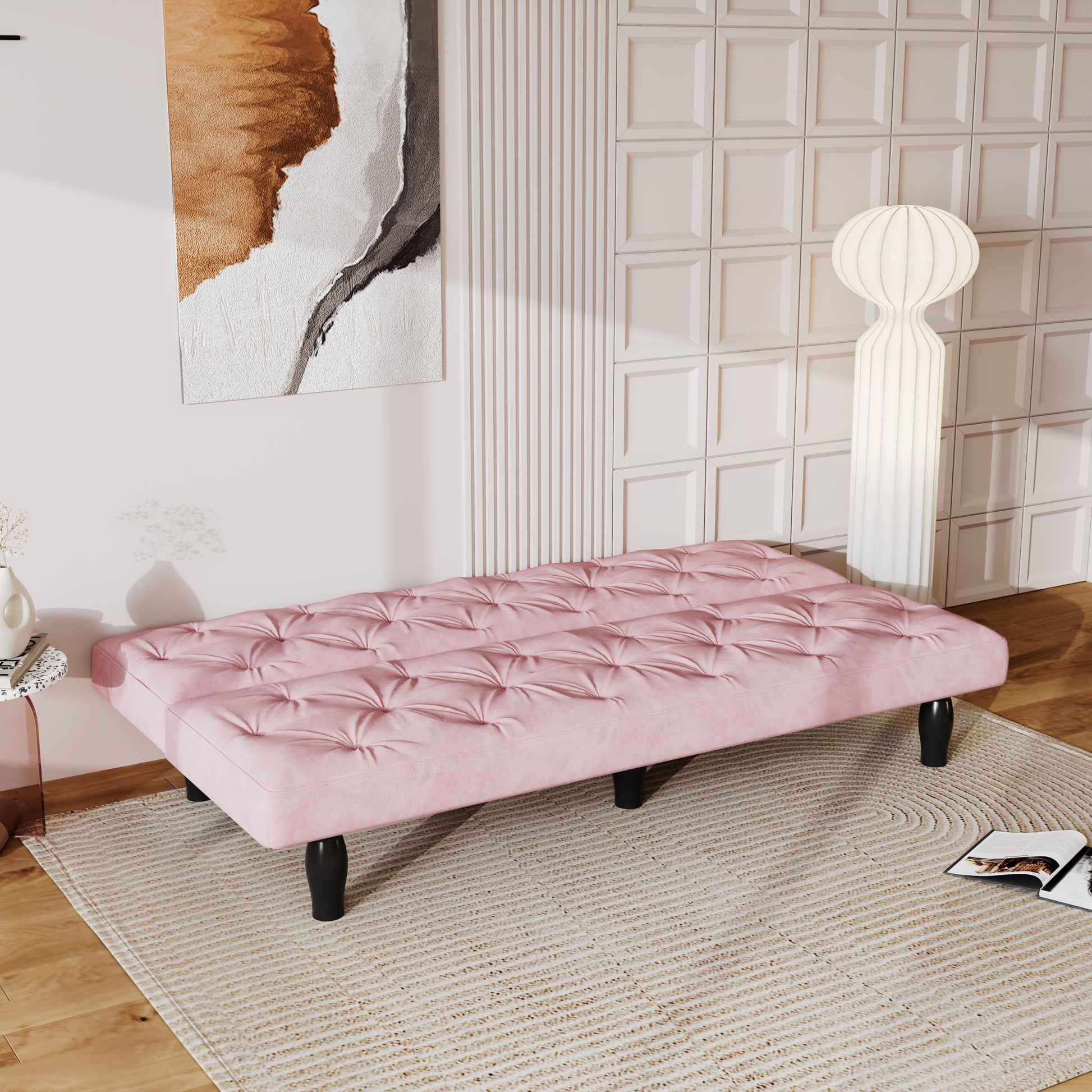 2534B Sofa Converts Into Sofa Bed 66" Pink Velvet Sofa Bed Suitable For Family Living Room, Apartment, Bedroom Baby Pink Velvet