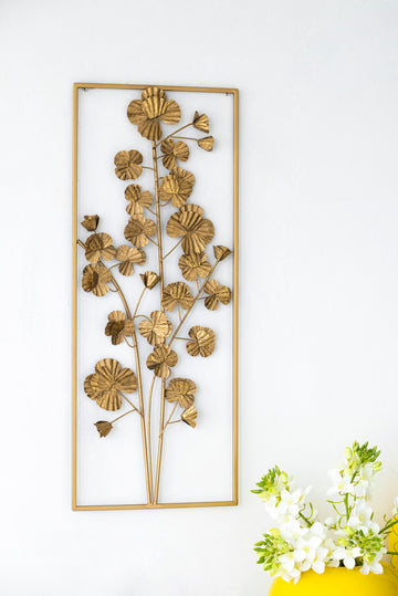 30" X 12" Metal Tree Wall Decor, Vertical Rectangular Flower Wall Accent, Gold Gold Iron