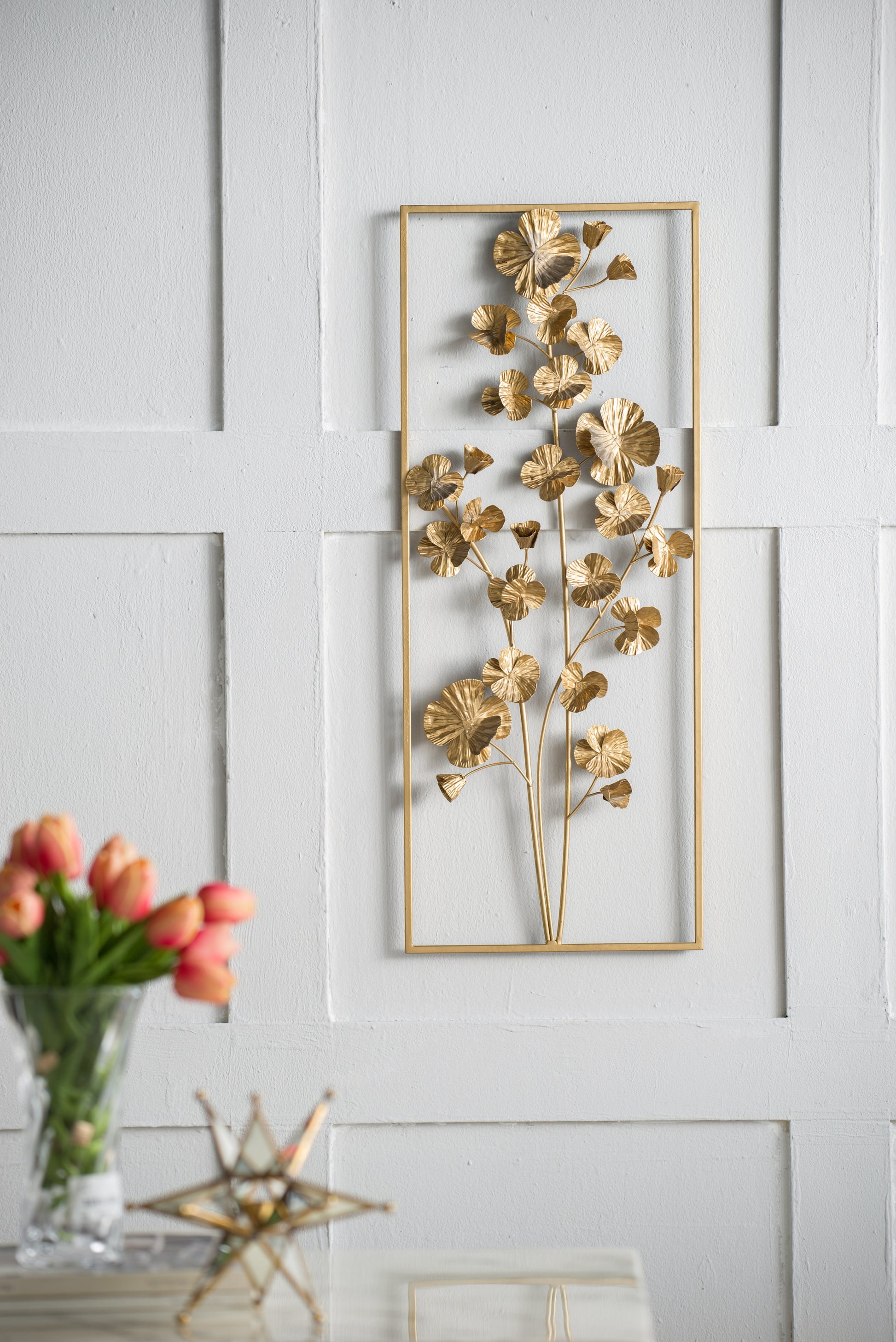 30" X 12" Metal Tree Wall Decor, Vertical Rectangular Flower Wall Accent, Gold Gold Iron