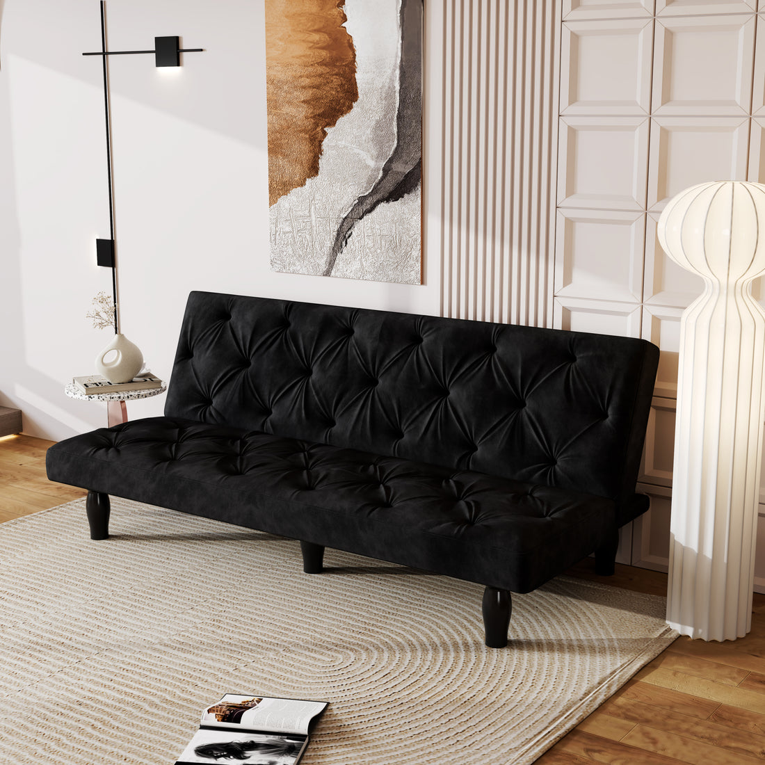 2534B Sofa Converts Into Sofa Bed 66" Black Velvet Sofa Bed Suitable For Family Living Room, Apartment, Bedroom Matt Black Velvet