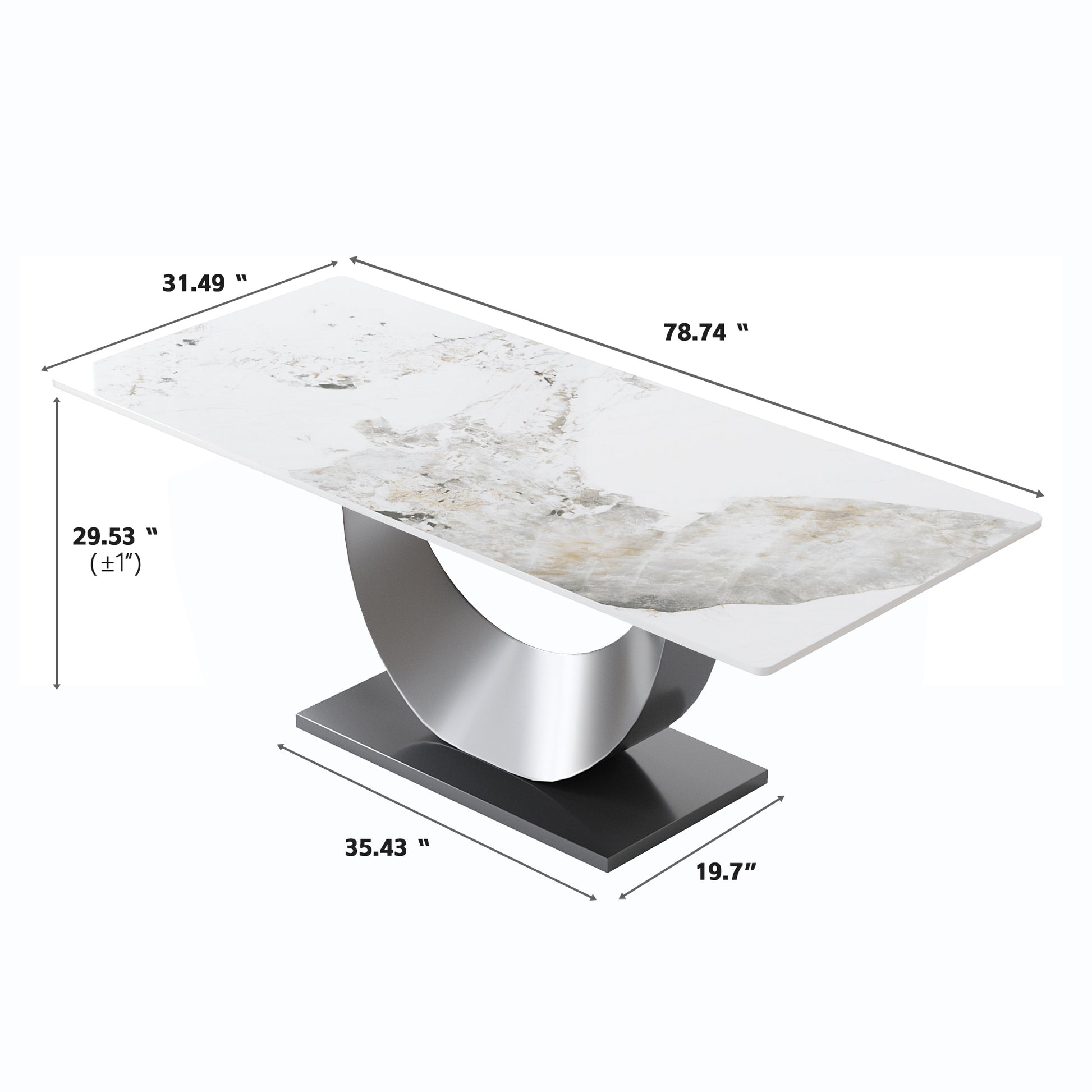 78.74" Modern Artificial Stone Pandora White Crescent Shaped Black Metal Legs Can Accommodate 8 People. Antique White Metal Sintered Stone