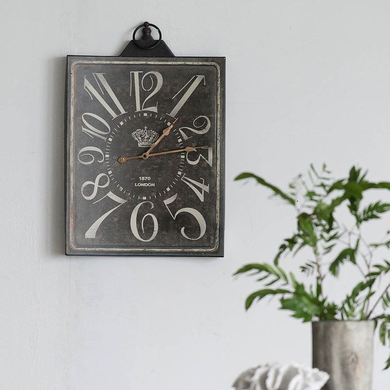 Large Vintage Black Rectangular Wall Clock With White Numerals, Home Decor Accent Clock White Black Iron