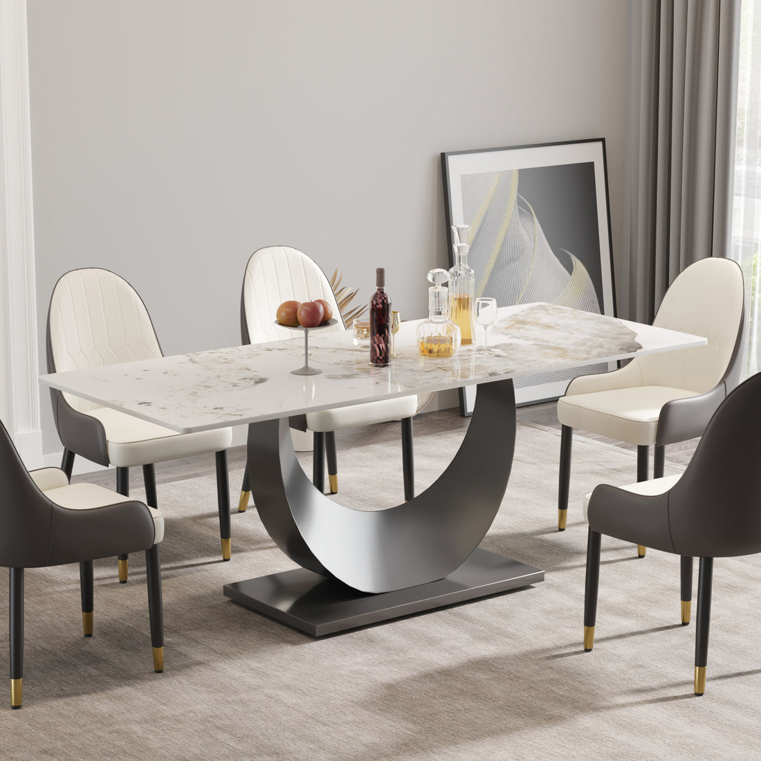 78.74" Modern Artificial Stone Pandora White Crescent Shaped Black Metal Legs Can Accommodate 8 People. Antique White Metal Sintered Stone