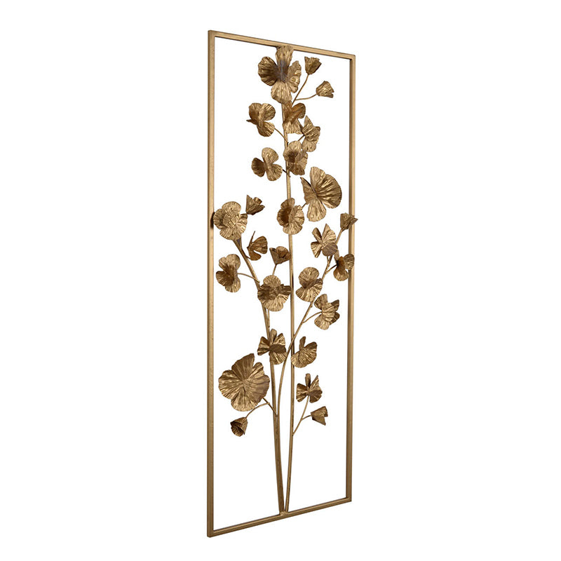 30" X 12" Metal Tree Wall Decor, Vertical Rectangular Flower Wall Accent, Gold Gold Iron