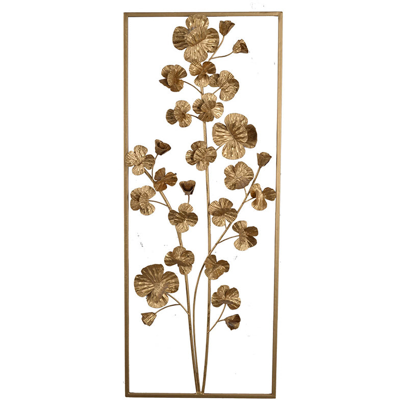 30" X 12" Metal Tree Wall Decor, Vertical Rectangular Flower Wall Accent, Gold Gold Iron