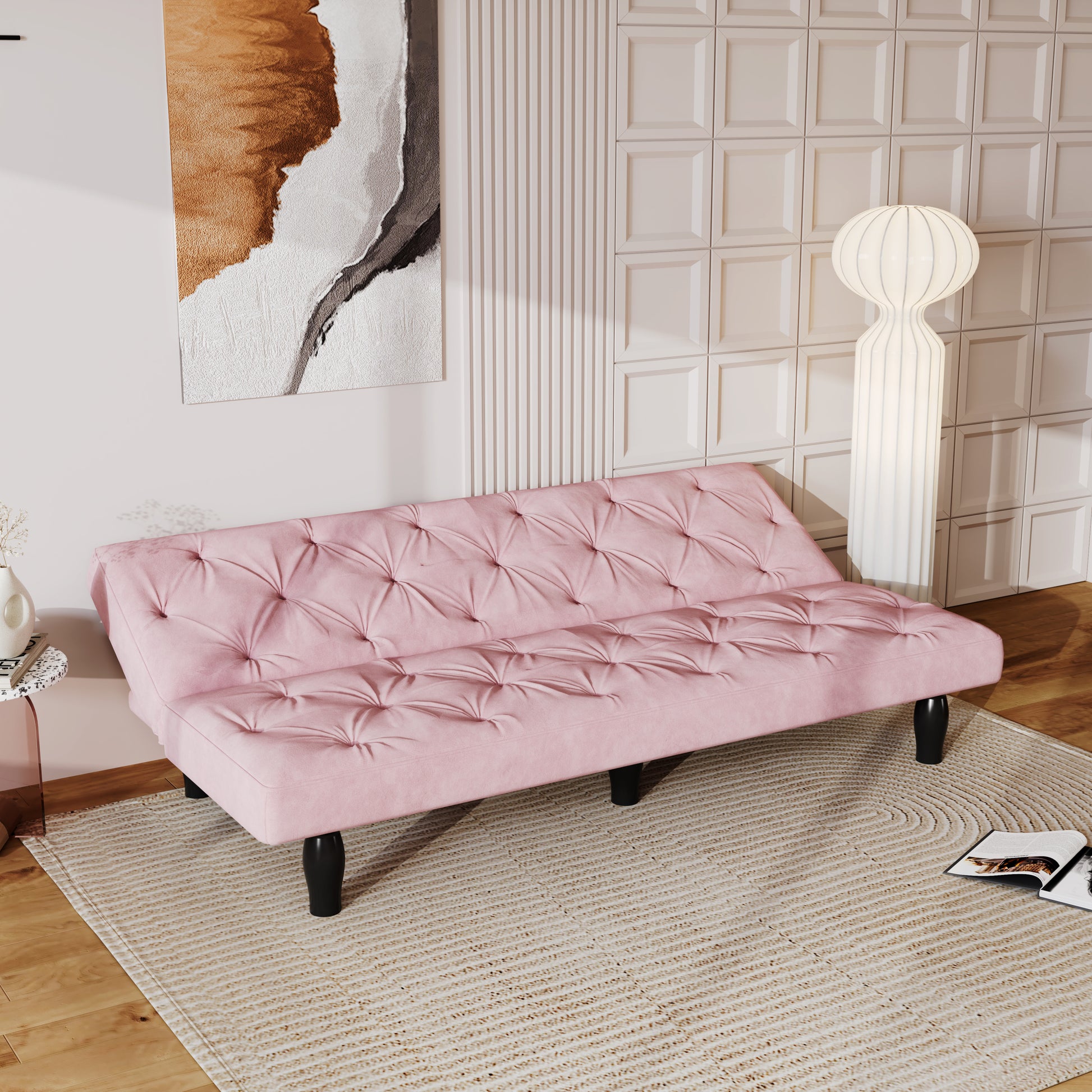 2534B Sofa Converts Into Sofa Bed 66" Pink Velvet Sofa Bed Suitable For Family Living Room, Apartment, Bedroom Baby Pink Velvet