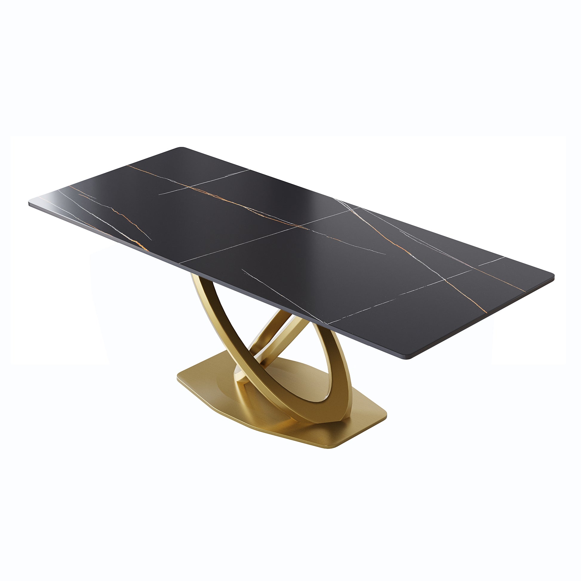 78.74 "Modern Artificial Stone Black Panel Double Ring Stainless Steel Metal Legs Can Accommodate 8 People. Black Metal Sintered Stone